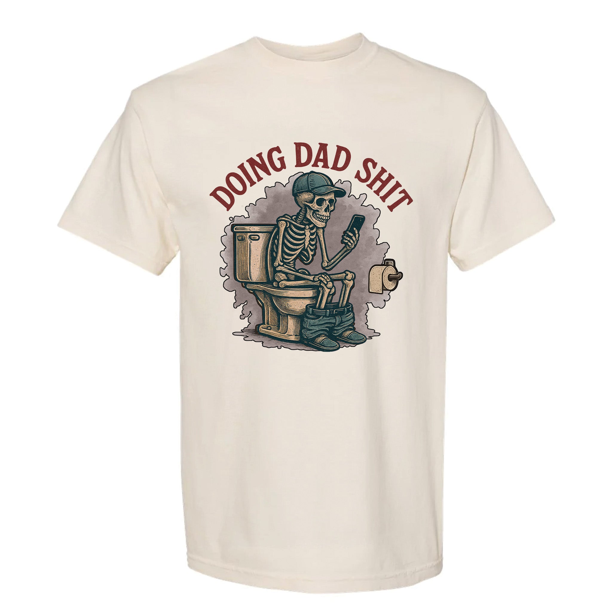 Beige funny graphic t-shirt with a skeleton graphic and text 'DOING DAD SHIT'
