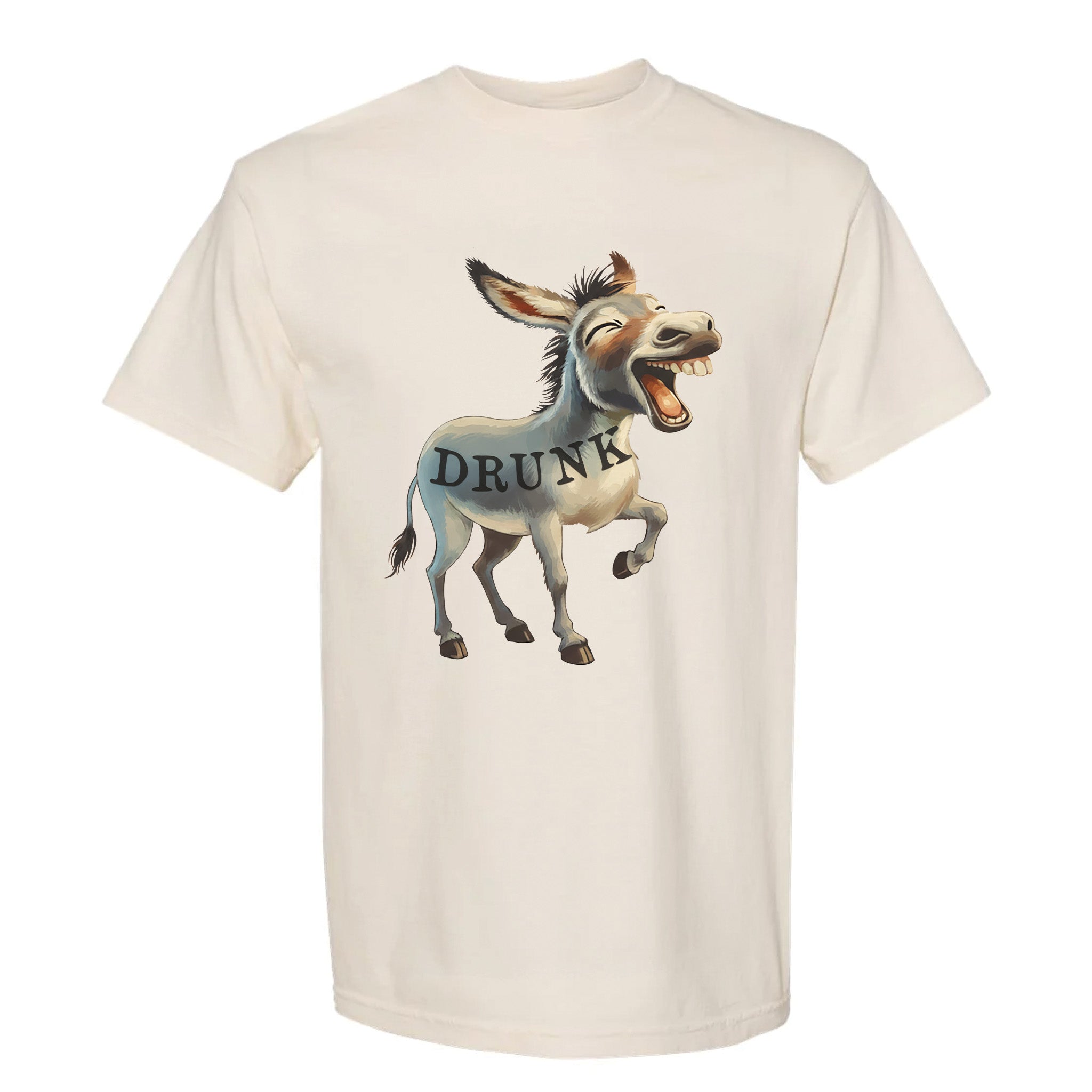 Ivory funny graphic t-shirt with a cartoon donkey labeled 'DRUNK'