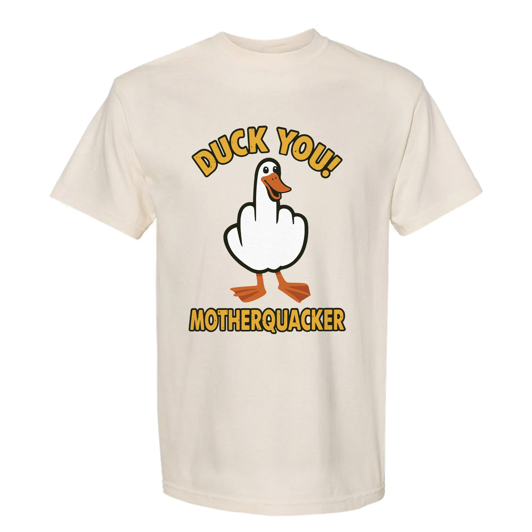 Ivory funny graphic t-shirt with a graphic of a duck and text "Duck You Mothequacker"