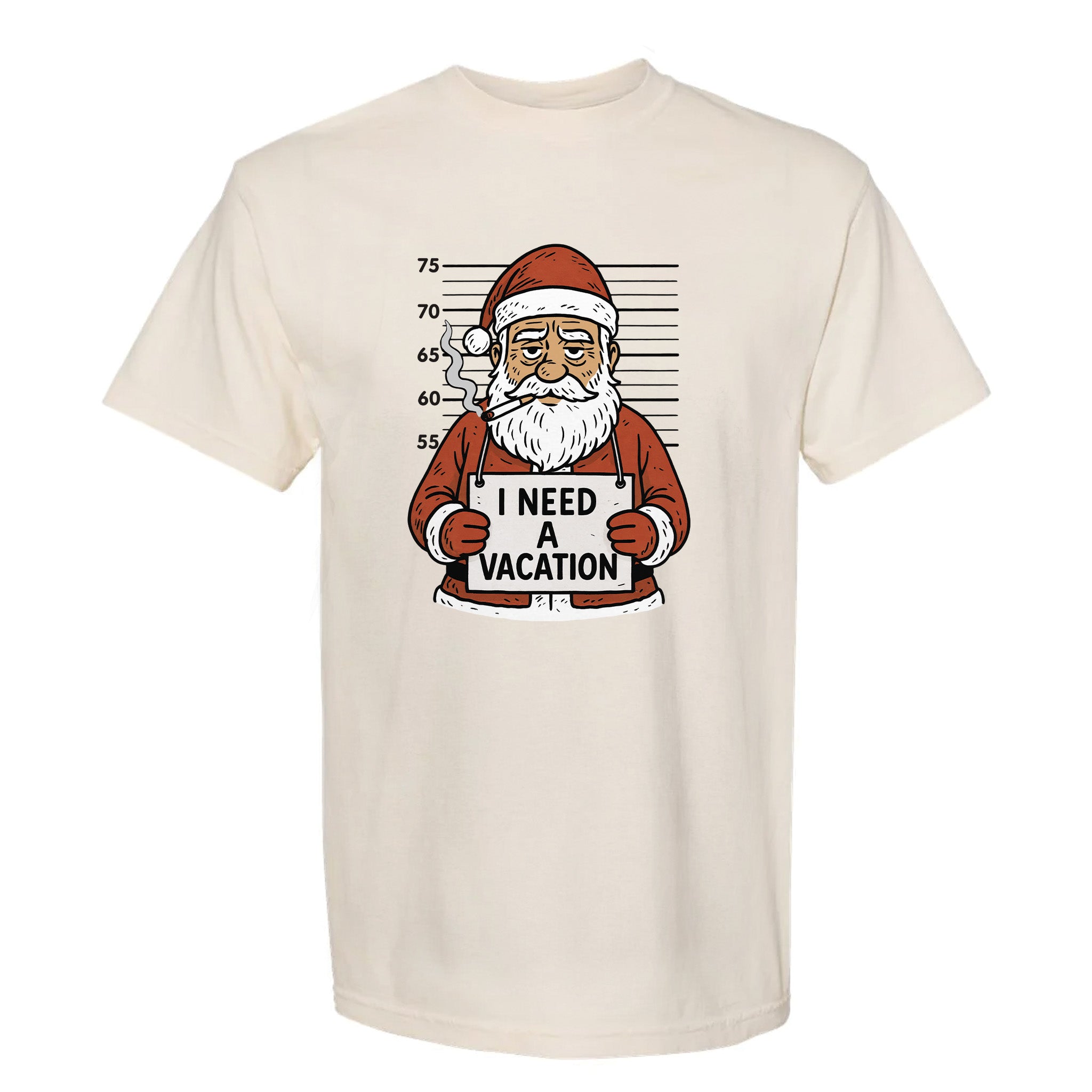 Beige Christmas graphic t-shirt with Santa Claus holding an ‘I Need a Vacation’ sign.