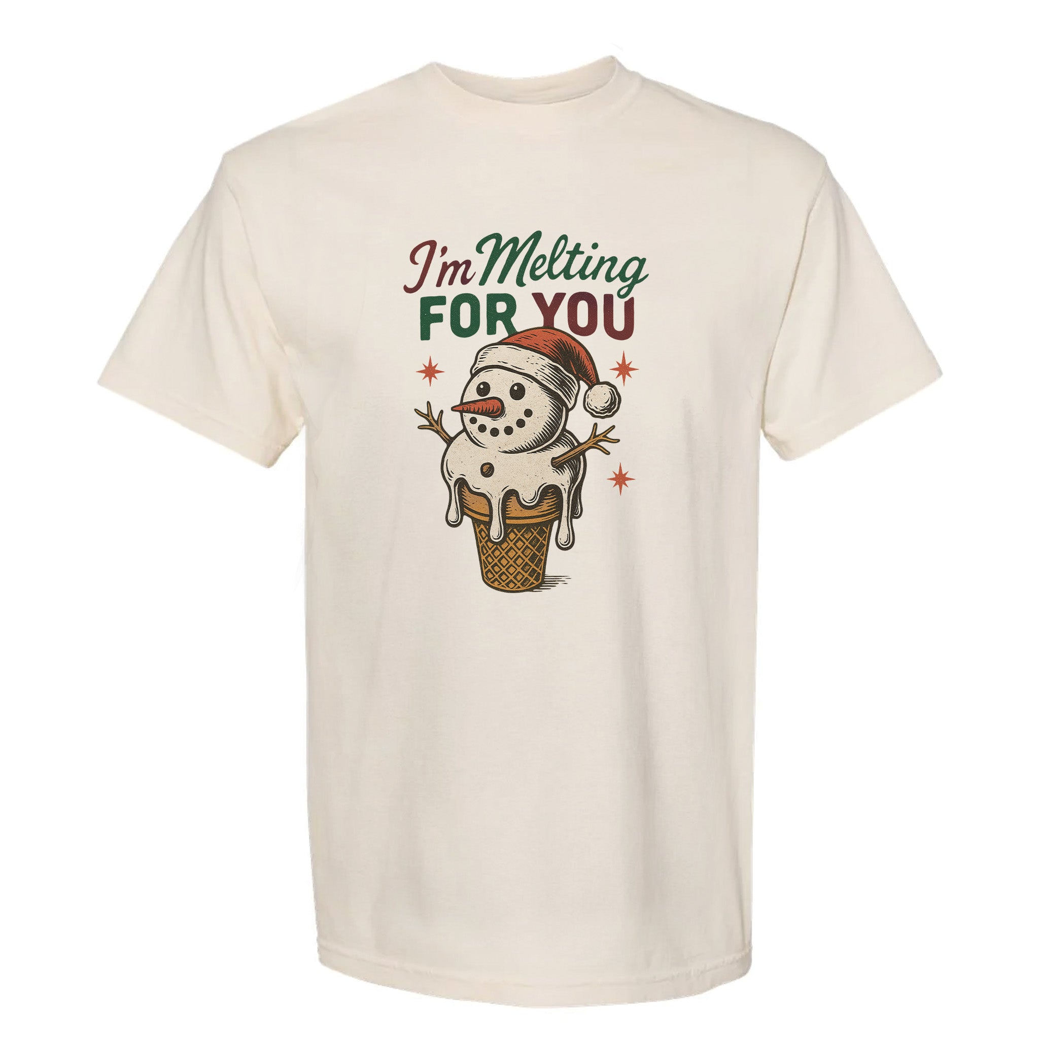 Beige Christmas graphic t-shirt with a snowman in an ice cream cone graphic and text "I'm Melting For You".