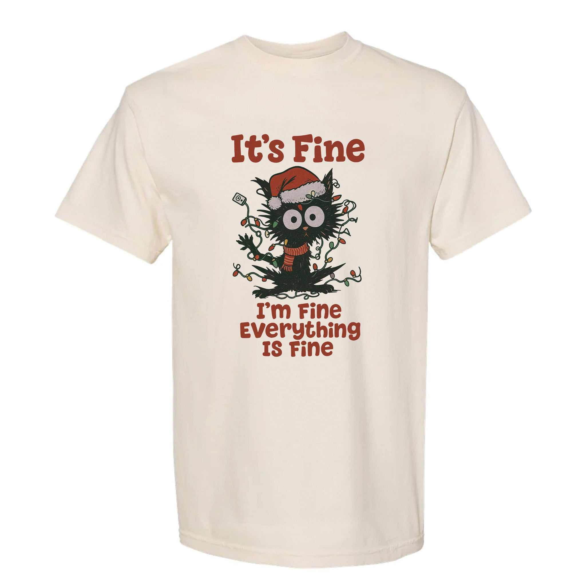 Beige Christmas graphic t-shirt with funny black cat wearing Santa hat and tangled lights, featuring the text 'It’s Fine I’m Fine Everything Is Fine'.