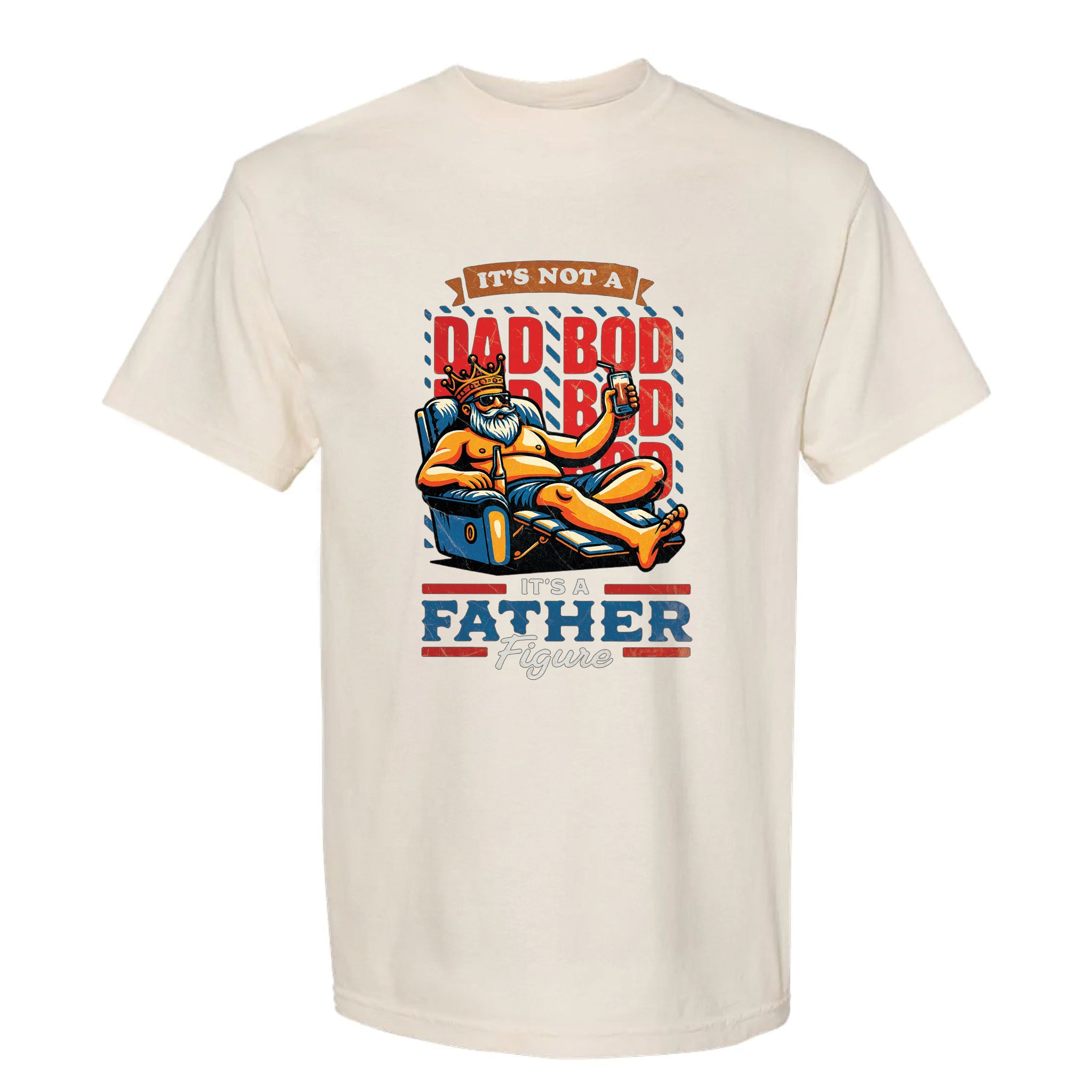 Beige funny graphic t-shirt featuring a bearded man relaxing in a blue armchair with the text "IT'S NOT A DAD BOD IT'S A FATHER FIGURE."
