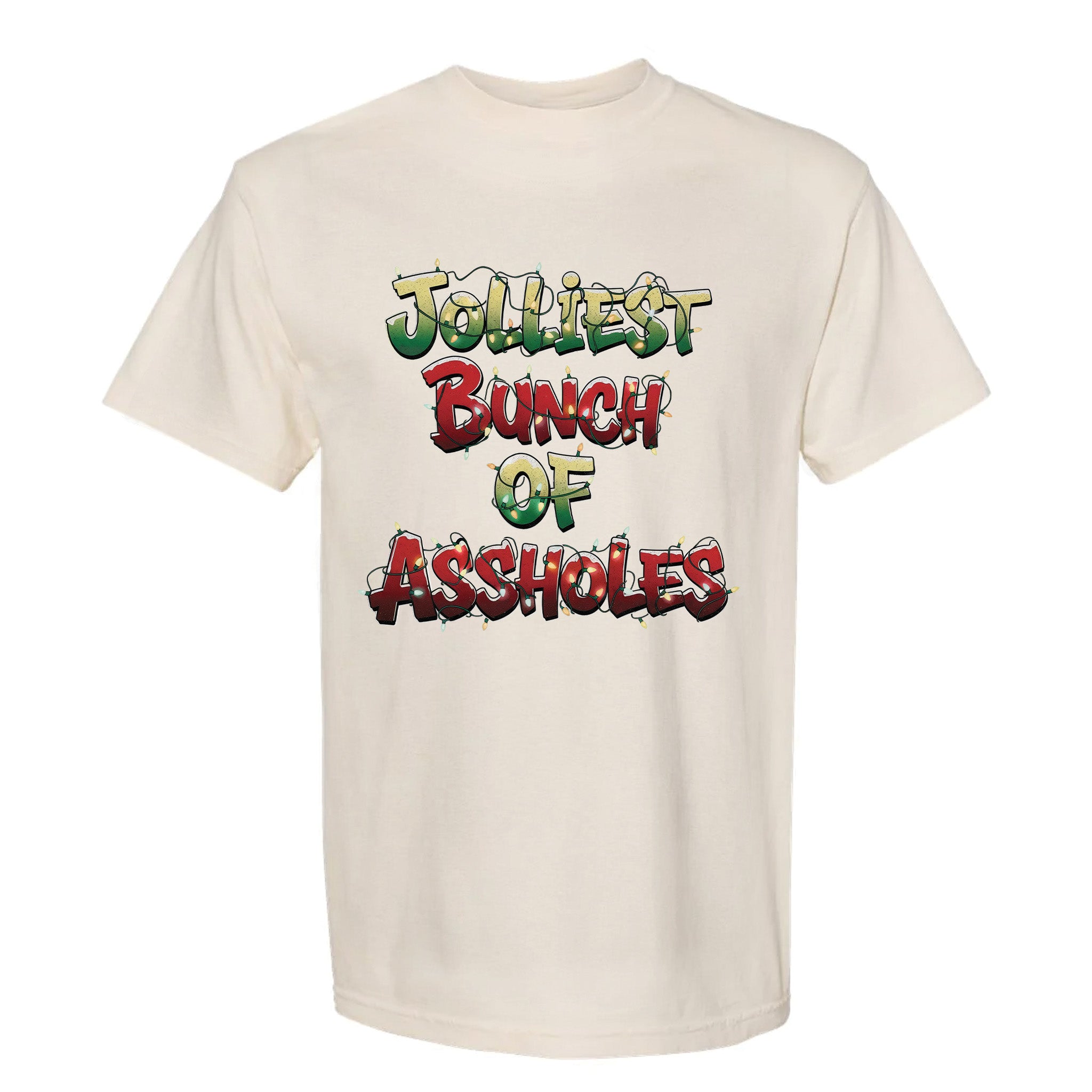 Beige Christmas graphic t-shirt with the text 'Jolliest Bunch of Assholes' in festive holiday lights design.