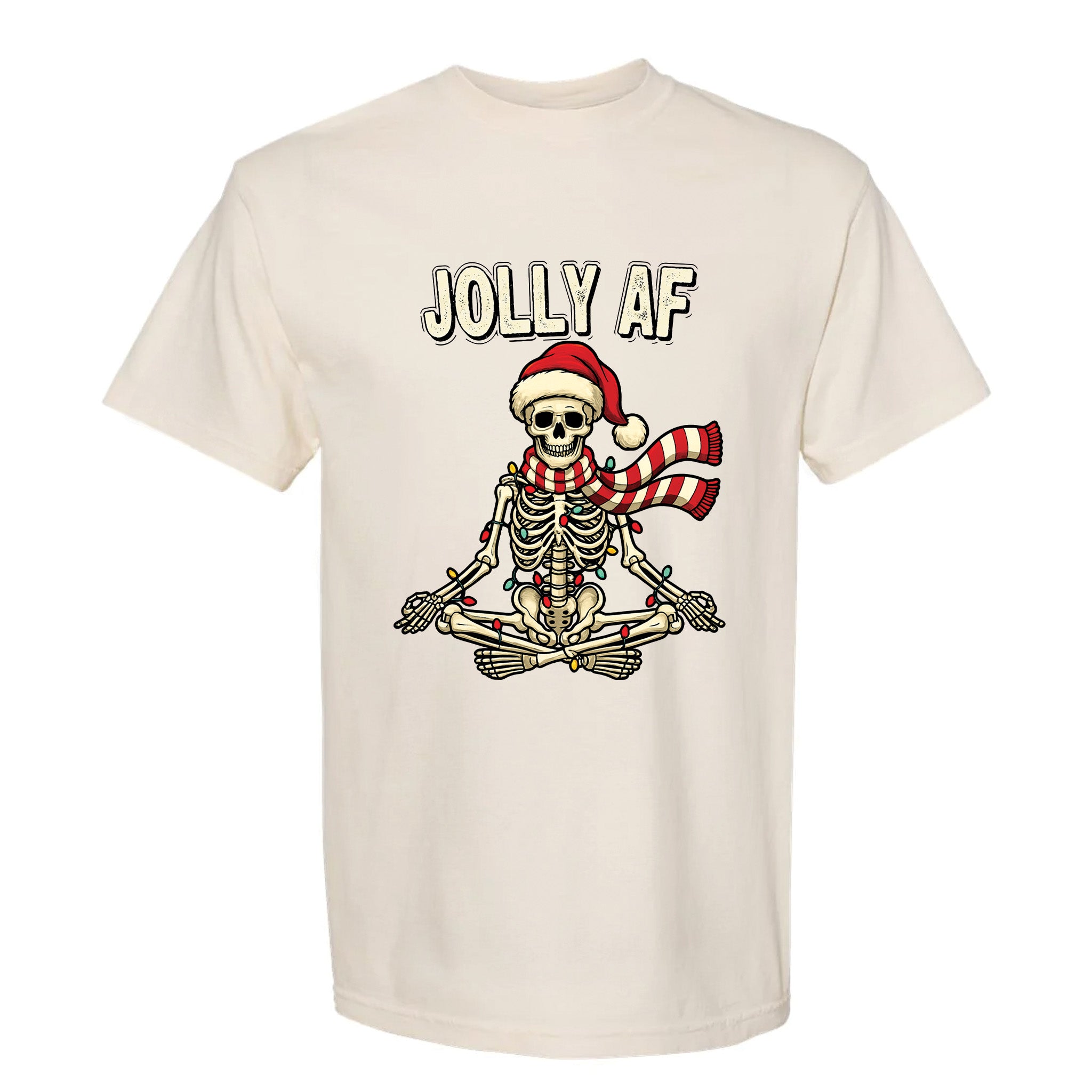 Beige Christmas graphic t-shirt with a skeleton wearing a Santa hat and scarf, and text ‘Jolly AF’.