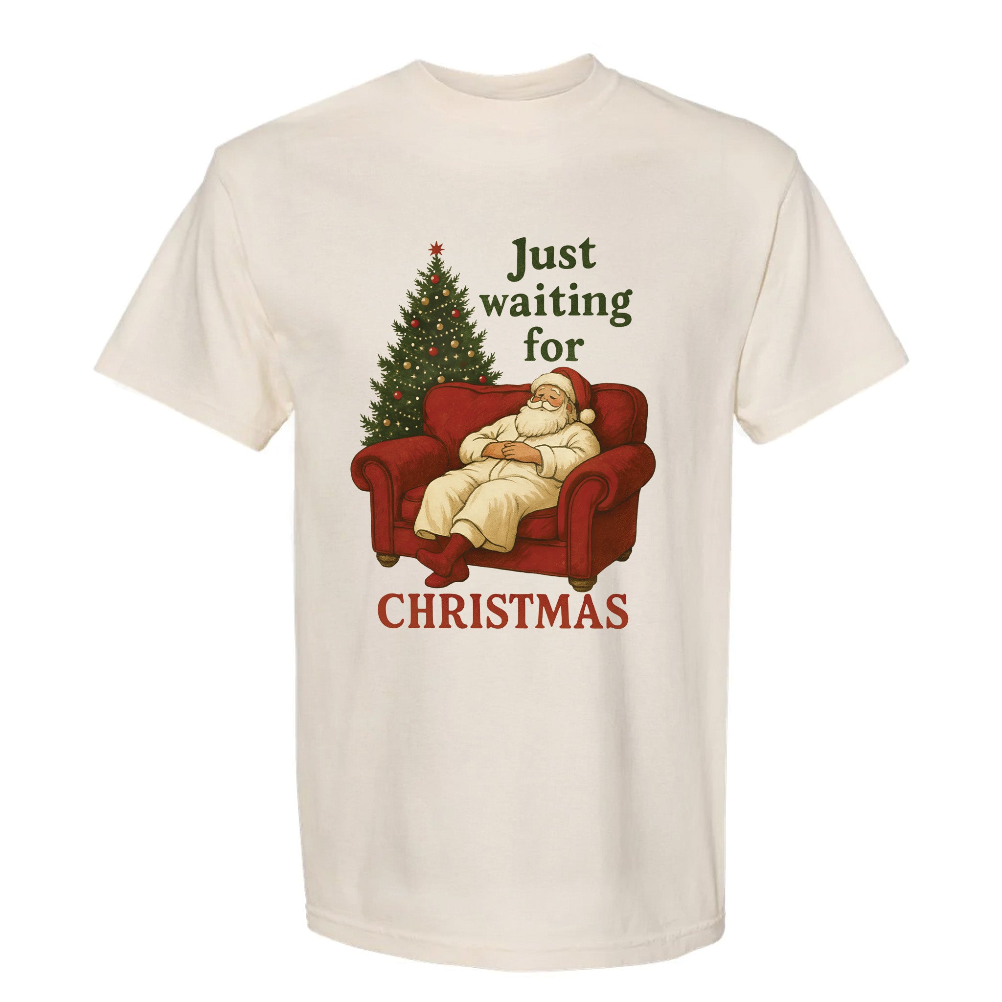 Beige Christmas graphic t-shirt with text 'Just Waiting For Christmas'