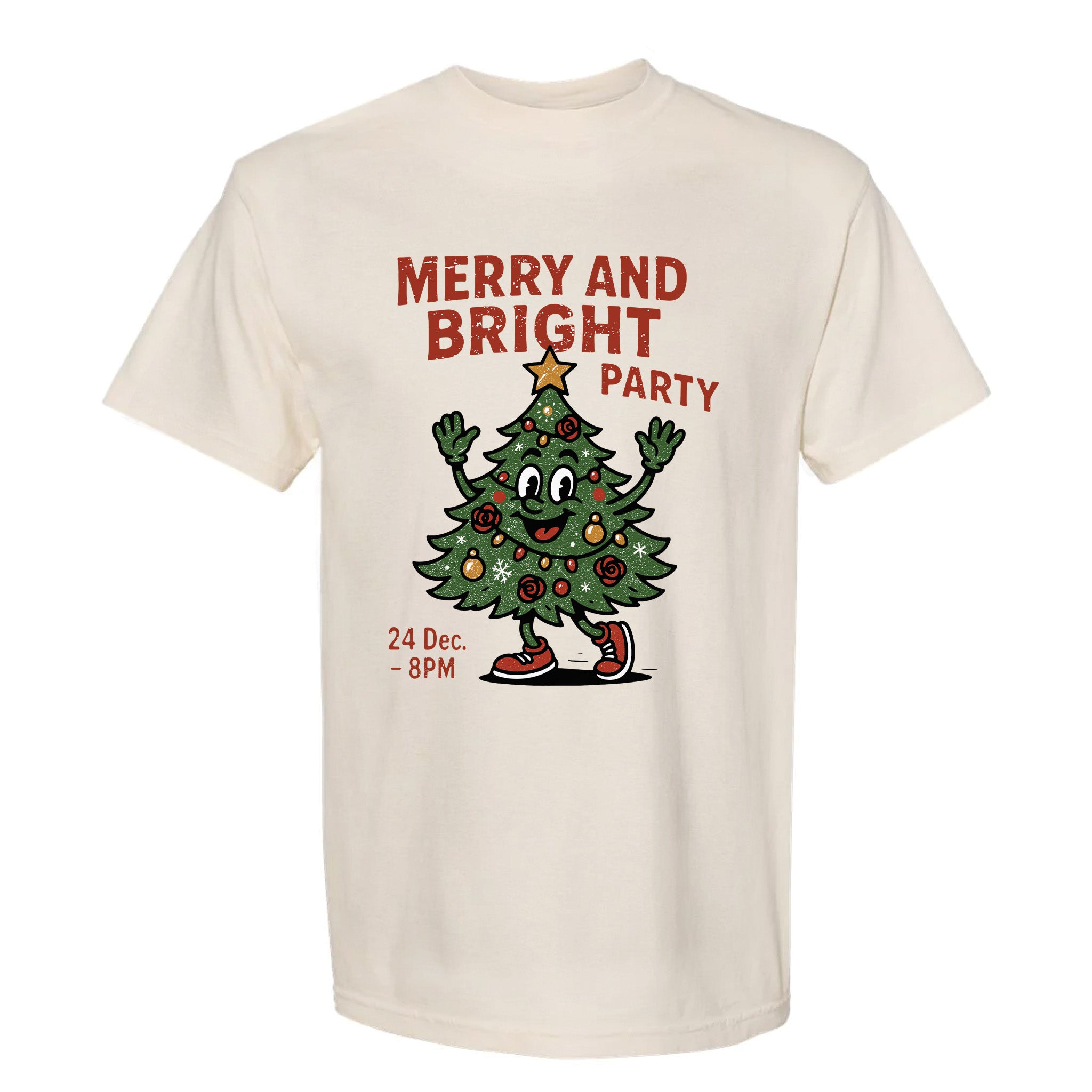Beige Christmas t-shirt with a Christmas tree design and text 'Merry And Bright Party'