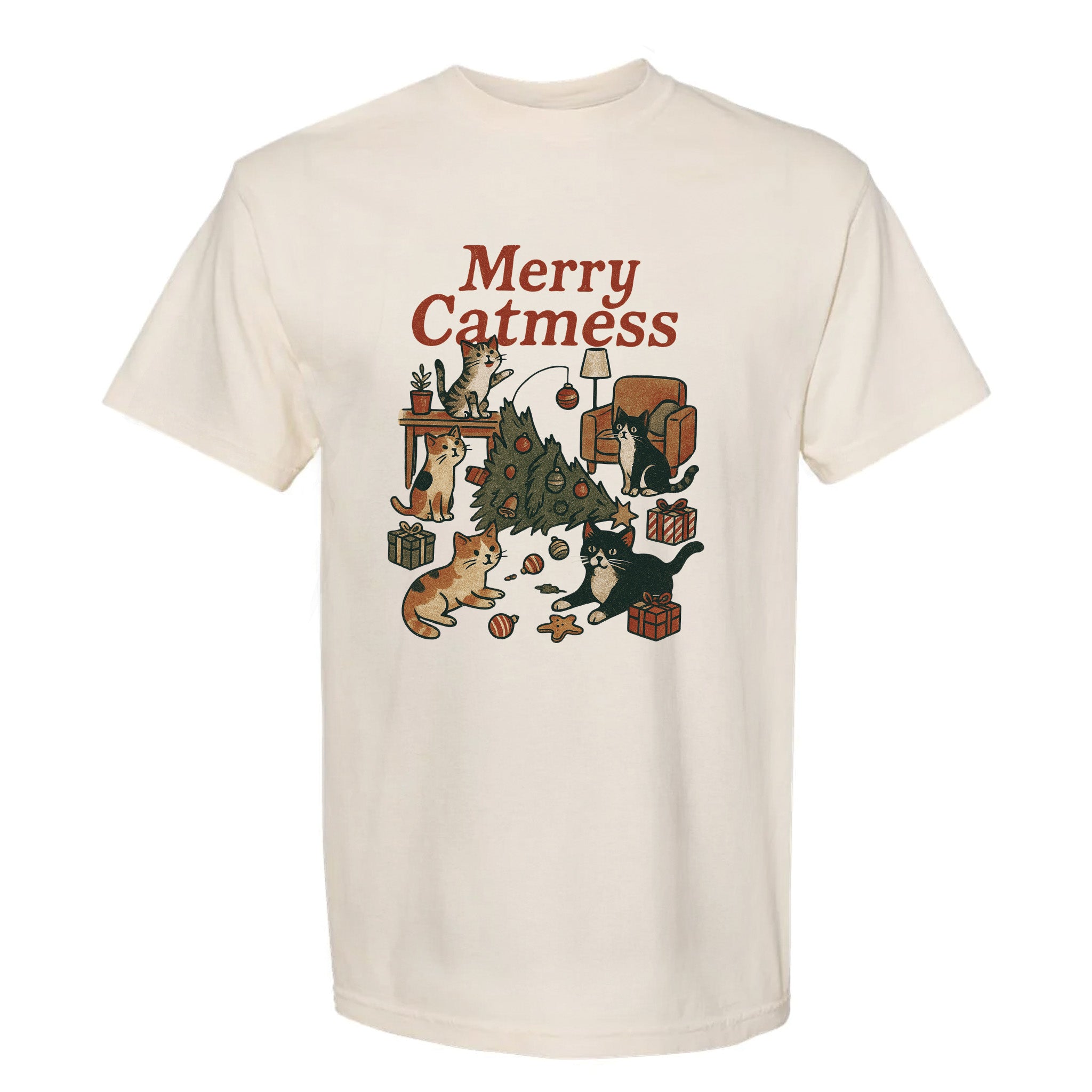Beige Christmas graphic t-shirt with text 'Merry Catmess' featuring cats around a Christmas tree.
