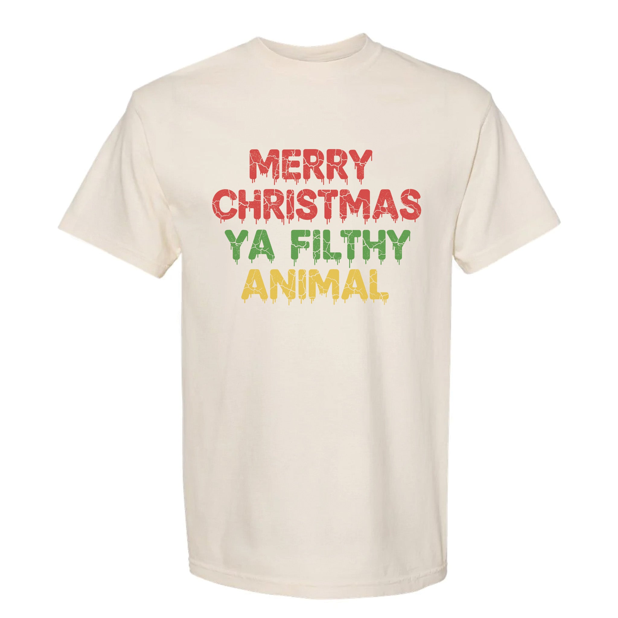 Beige Christmas graphic t-shirt with text 'Merry Christmas Ya Filthy Animal'