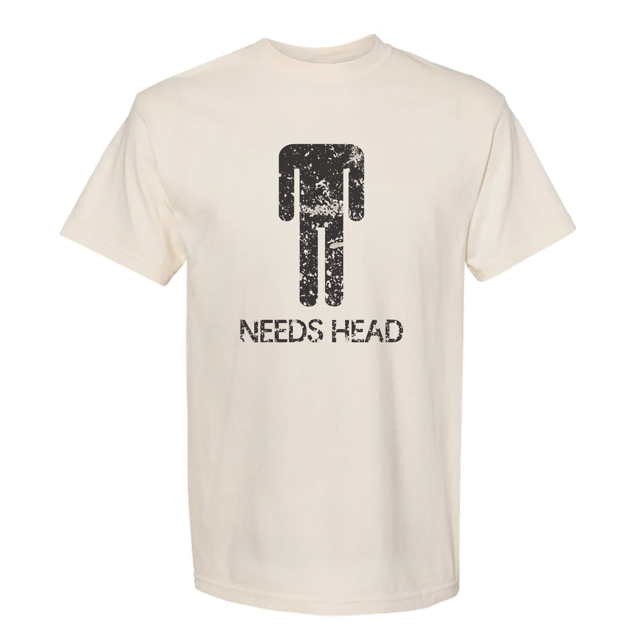 Ivory funny graphic t-shirt with black graphic design and text "Needs Head"