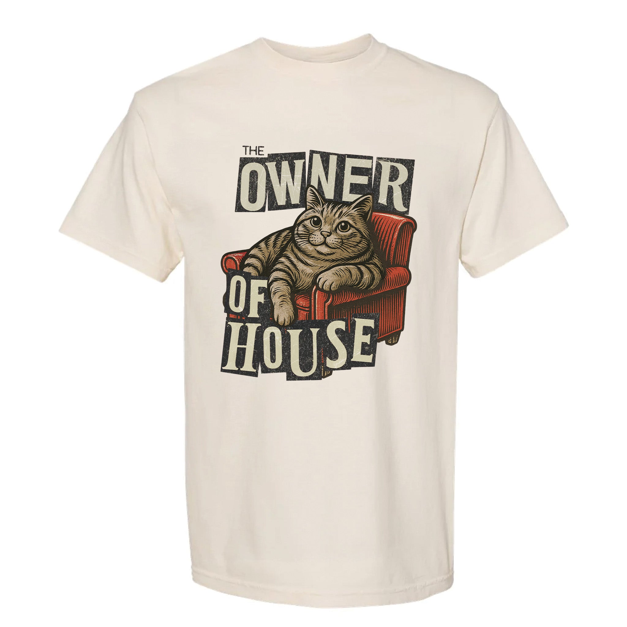Beige funny graphic t-shirt with a cat graphic and "Owner of House" text