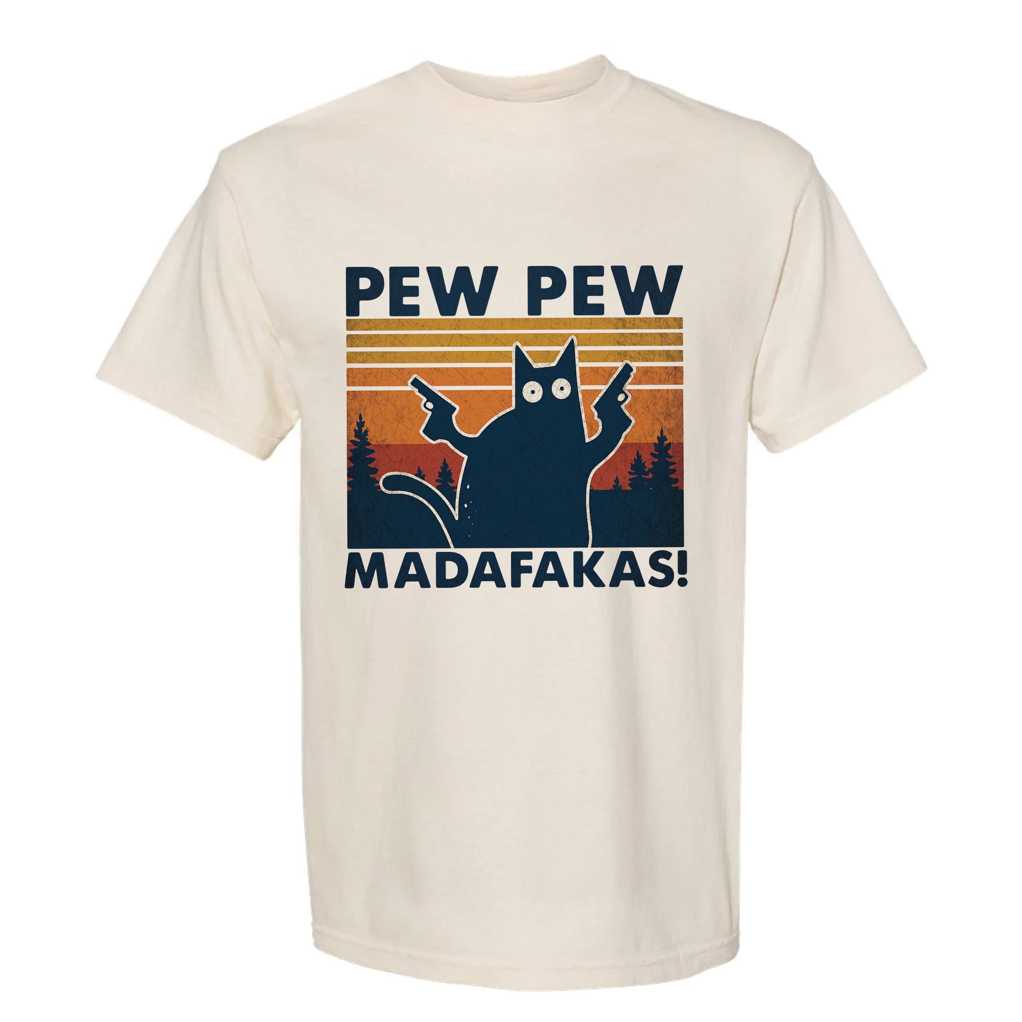 Beige funny graphic t-shirt with a graphic of a cat holding a gun and text "Pew Pew Madafakas!"