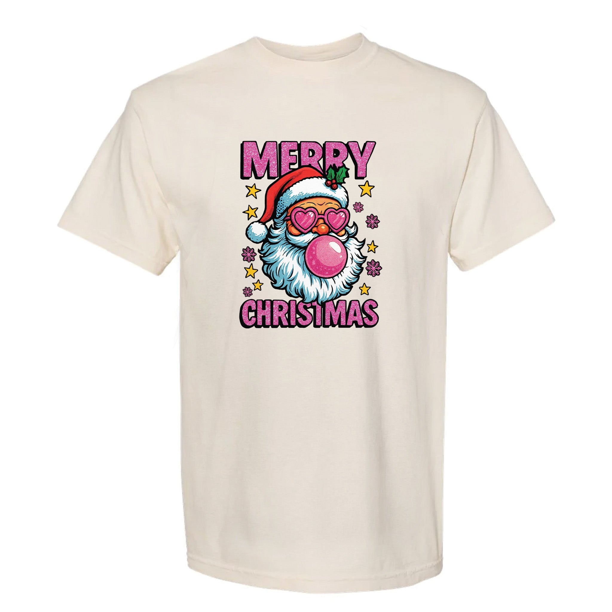 Beige Christmas graphic t-shirt featuring Santa with heart-shaped glasses blowing pink bubbles and the text 'Merry Christmas'.