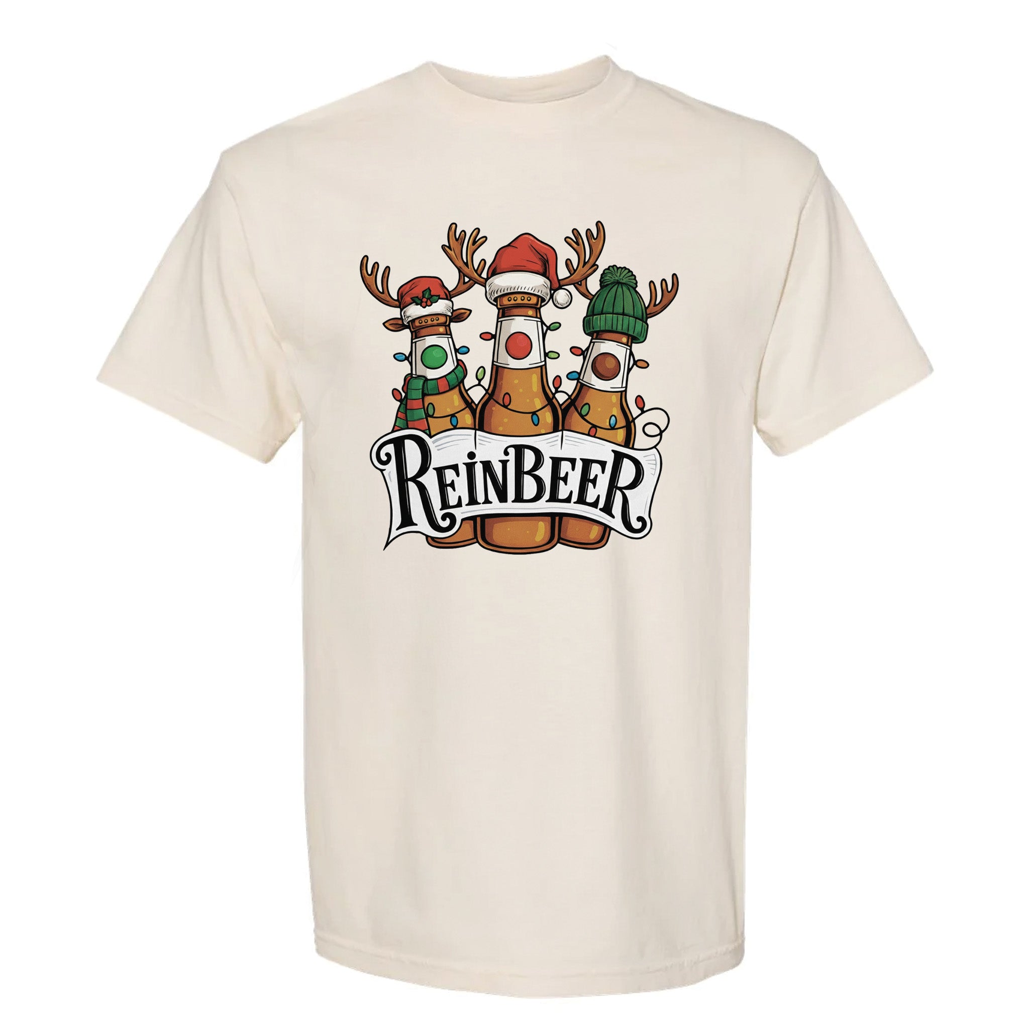 Beige Christmas graphic t-shirt with text "Reinbeer" featuring bottles of beer with antlers and Christmas hats.