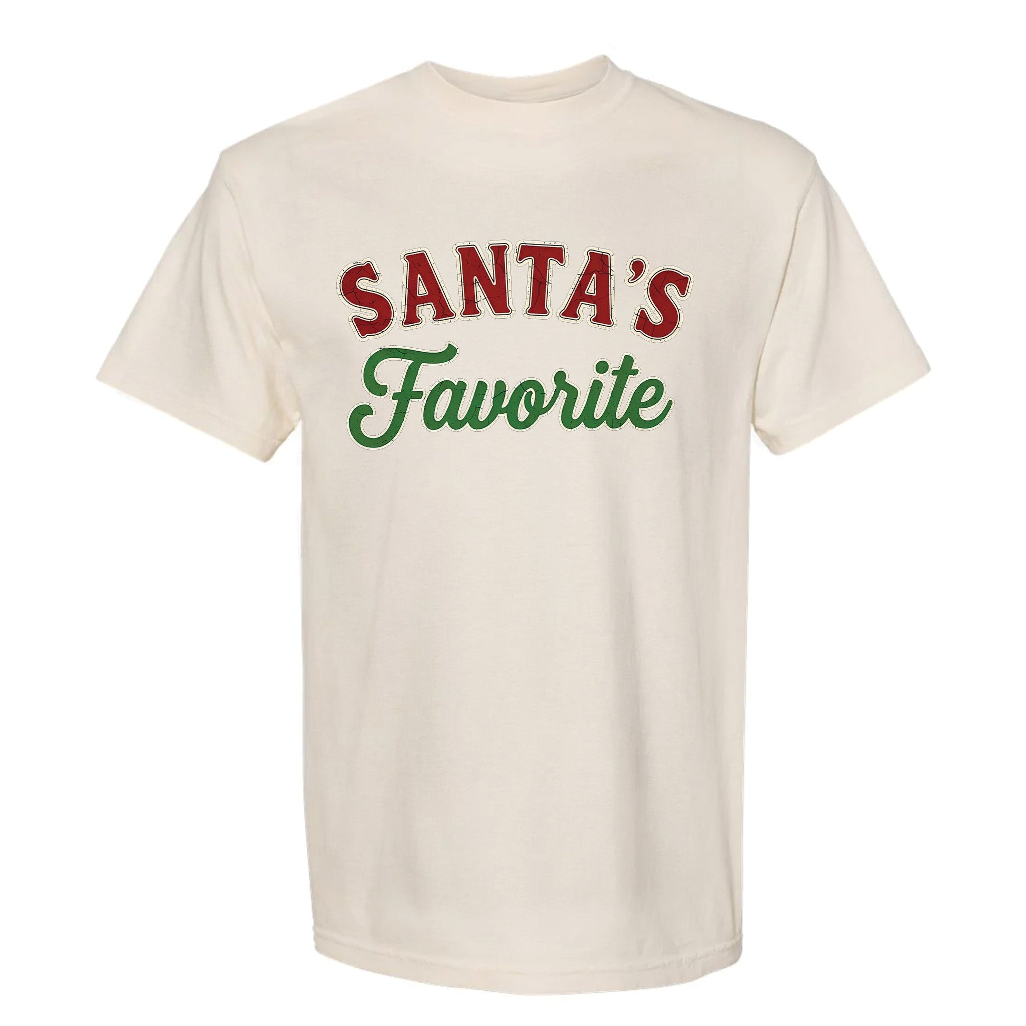 Beige Christmas graphic t-shirt with text "Santa's Favorite".
