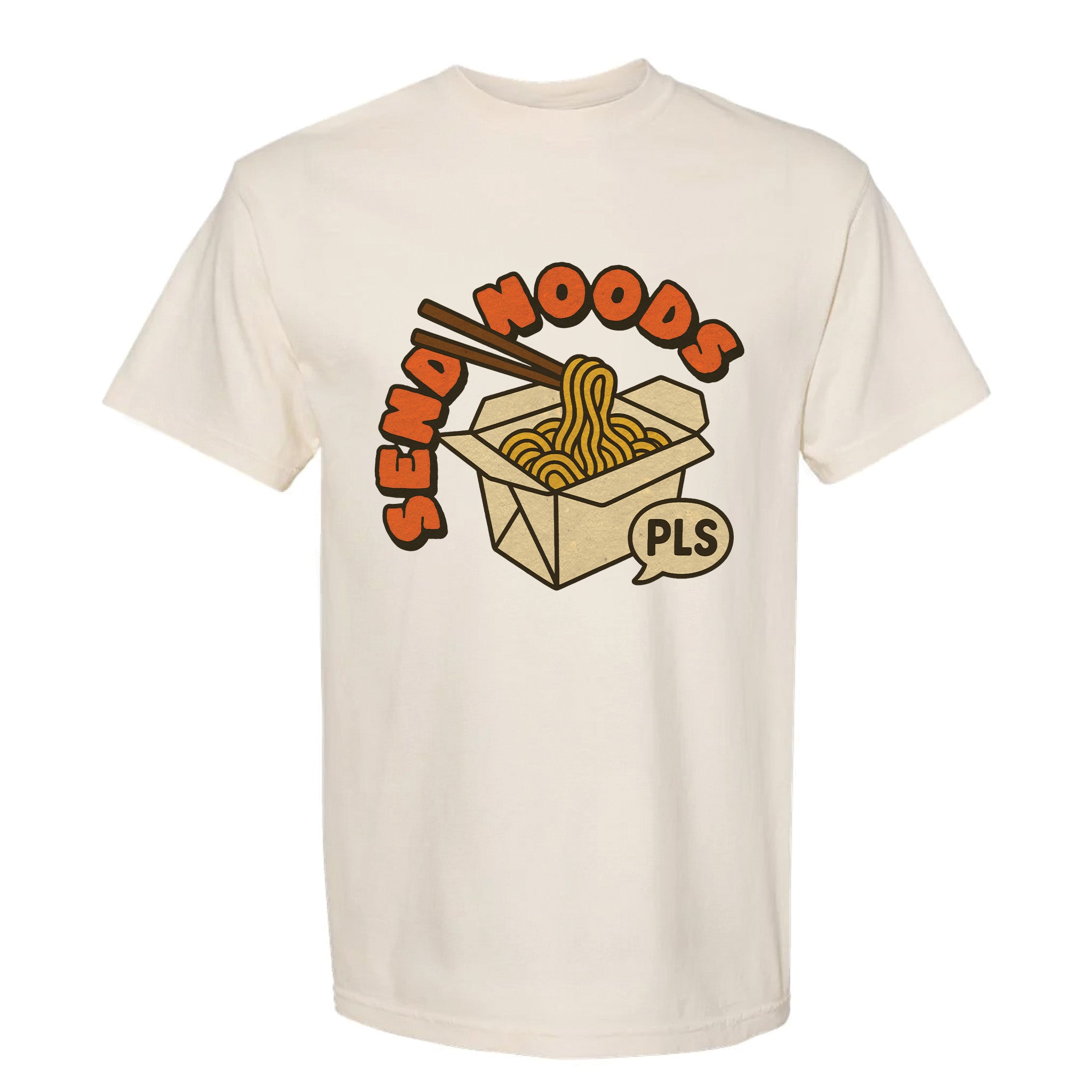 Ivory funny graphic t-shirt with a graphic of a ramen box and text 'SEND NOODS PLS'