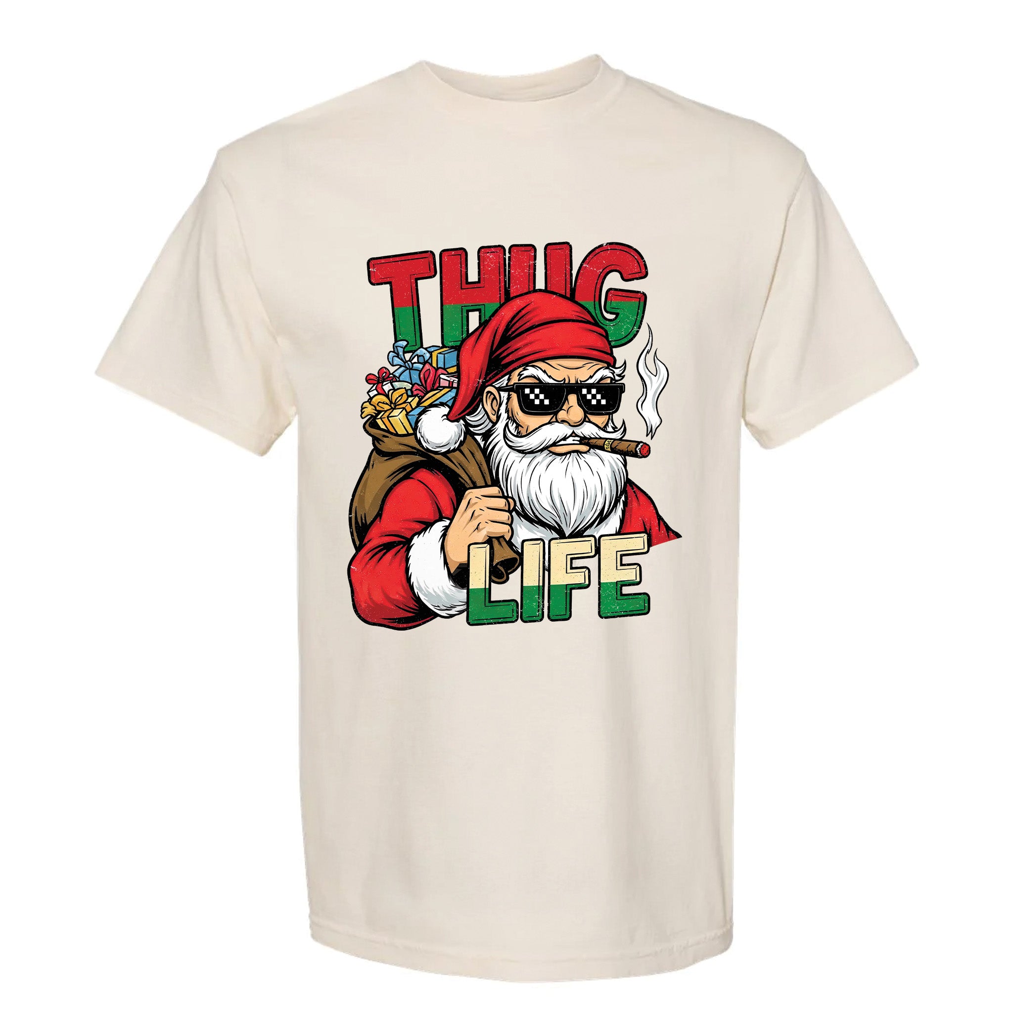 Beige Christmas graphic t-shirt with a graphic of a Santa Claus-like character with 'Thug Life' text.
