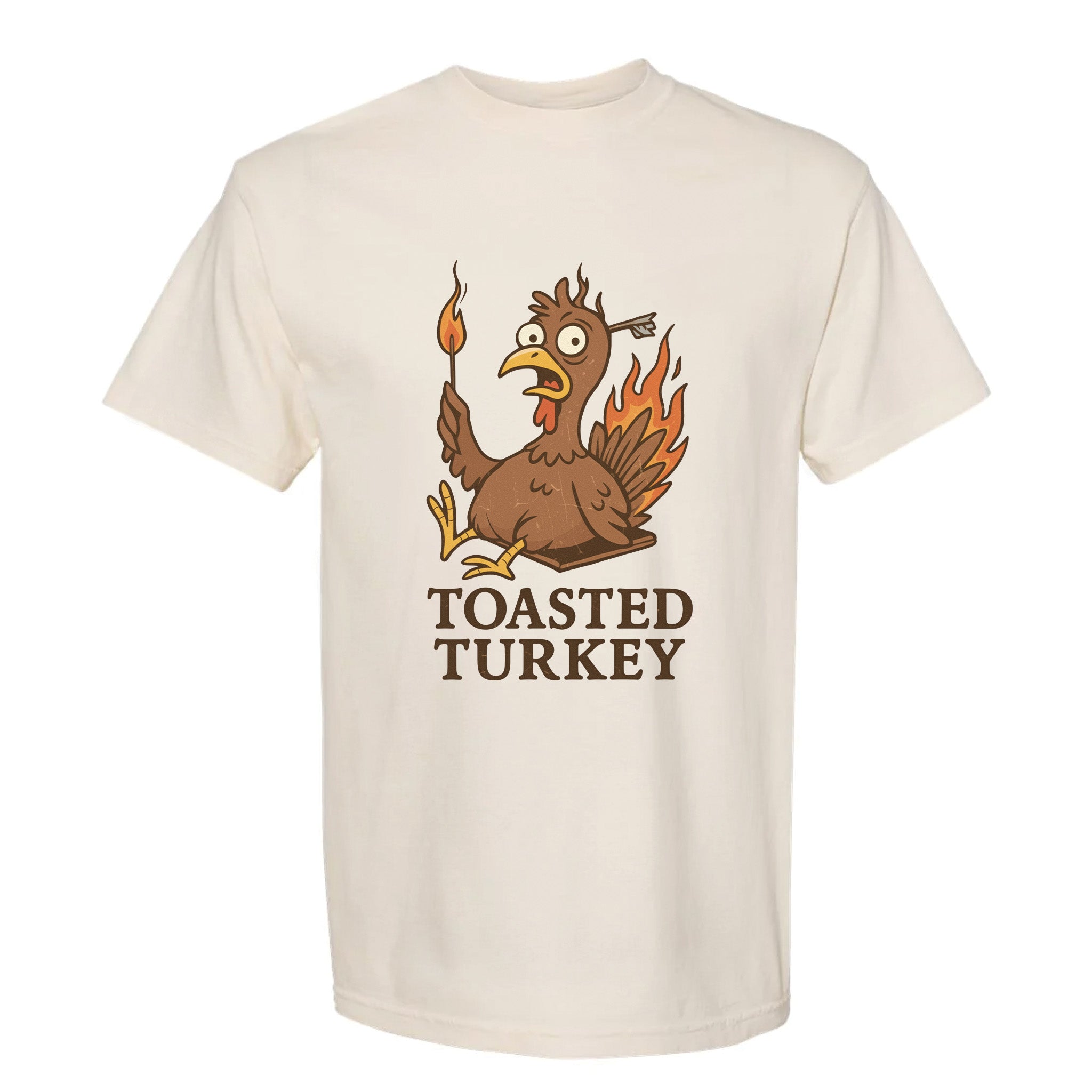 Beige Thanksgiving t-shirt with a cartoon turkey graphic and 'Toasted Turkey' text on a white background