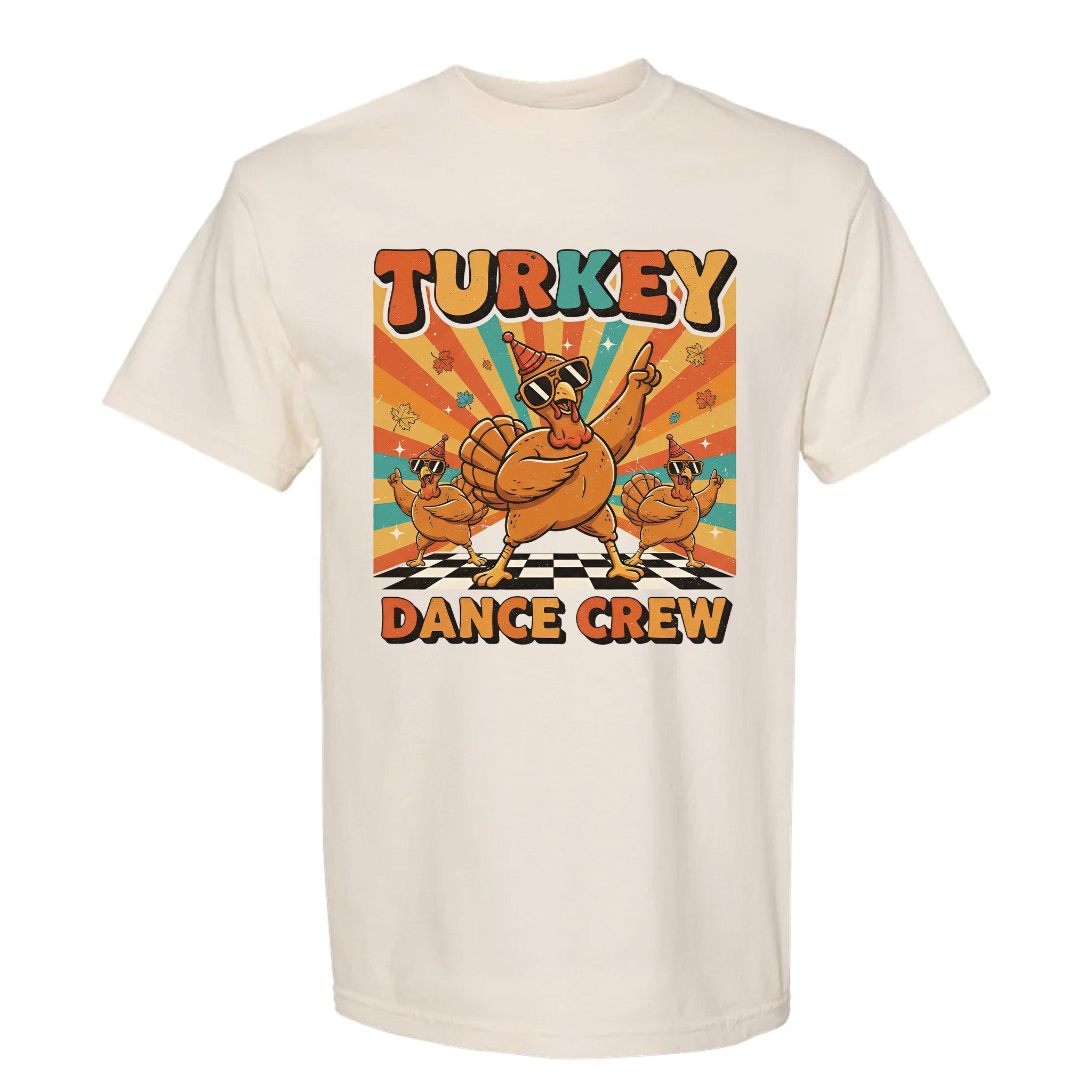 Beige Thanksgiving graphic t-shirt with a 'Turkey Dance Crew' graphic design on a white background
