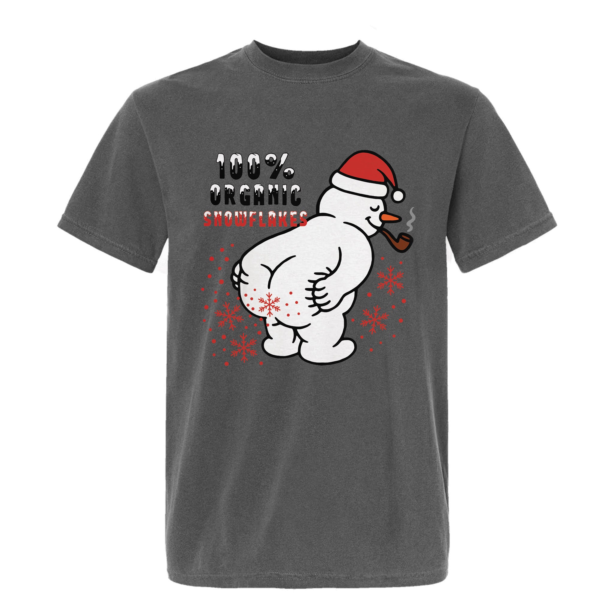 Grey Christmas graphic t-shirt with humorous snowman cartoon and text: "100% ORGANIC SNOWFLAKES."