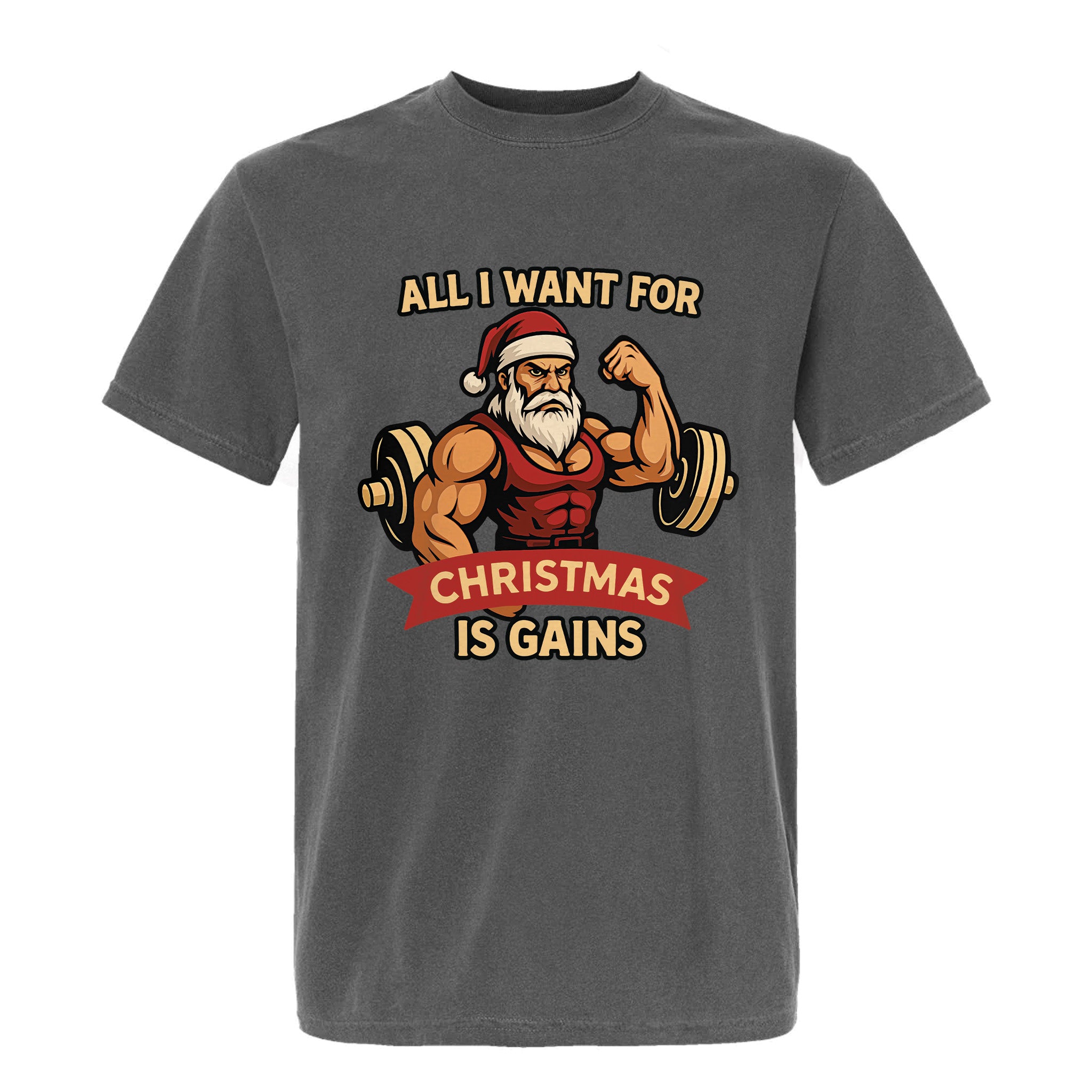 Christmas graphic t-shirt with text 'All I Want For Christmas Is Gains'