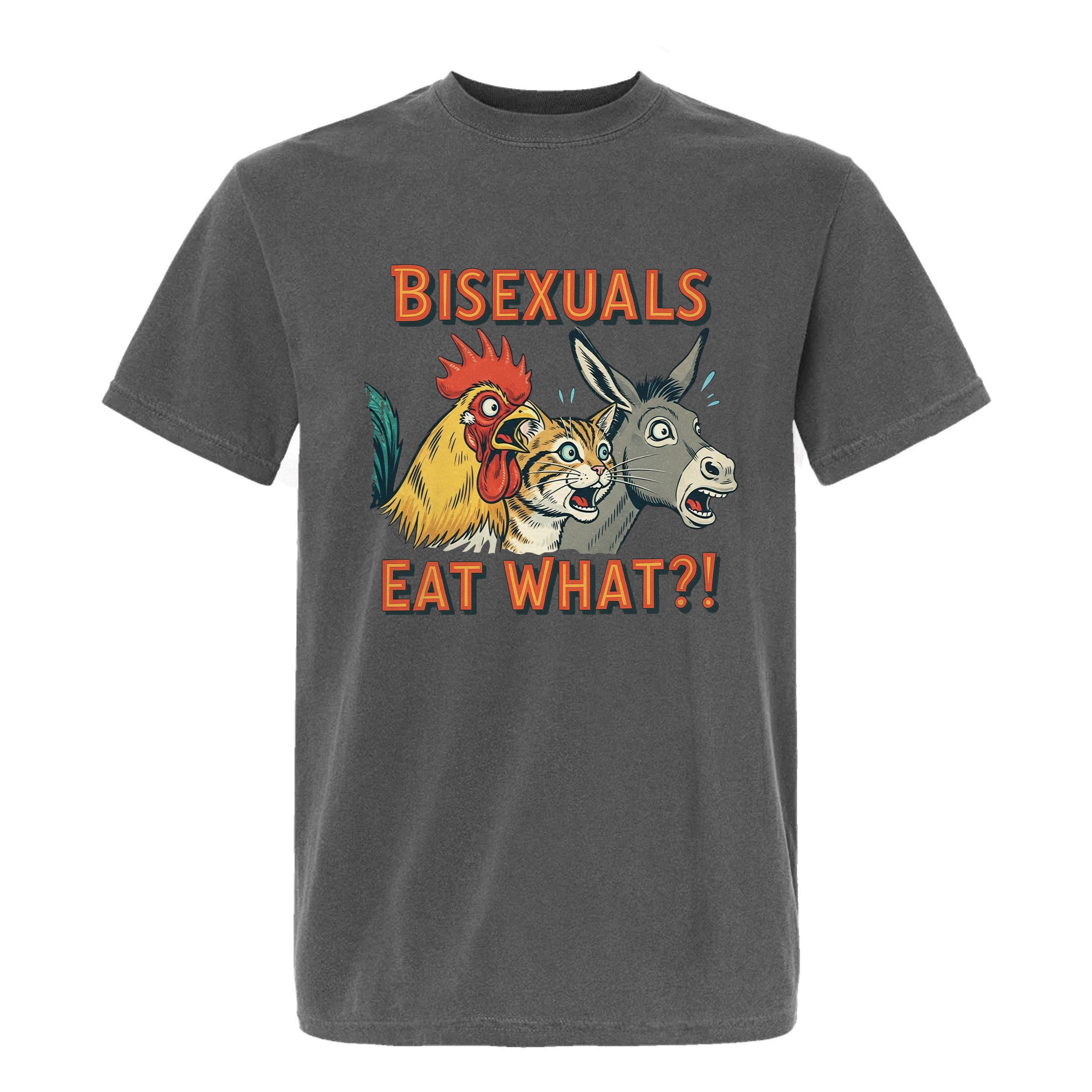 Gray funny graphic t-shirt with animal graphics and text 'Bisexuals Eat What'