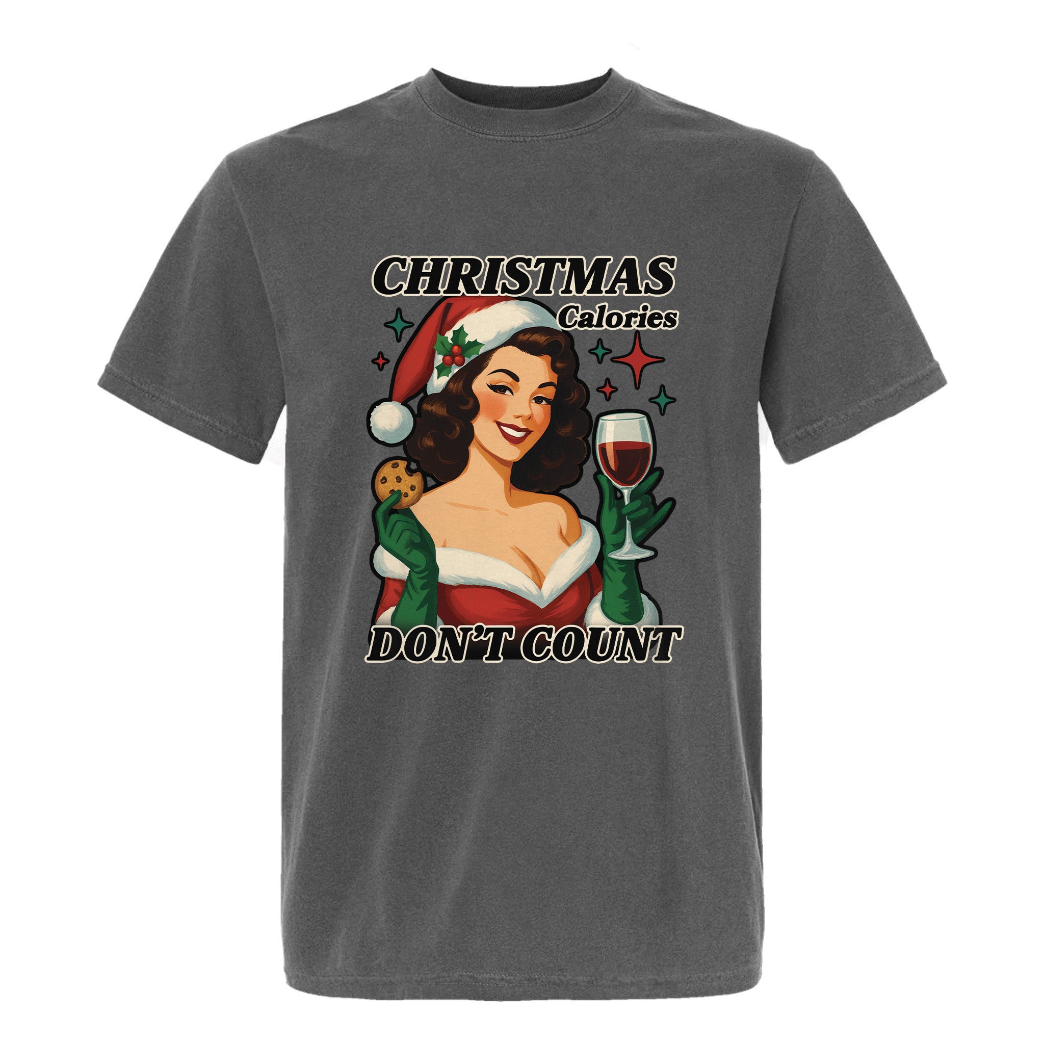 Gray Christmas graphic t-shirt with text 'Christmas Calories, Don't Count'