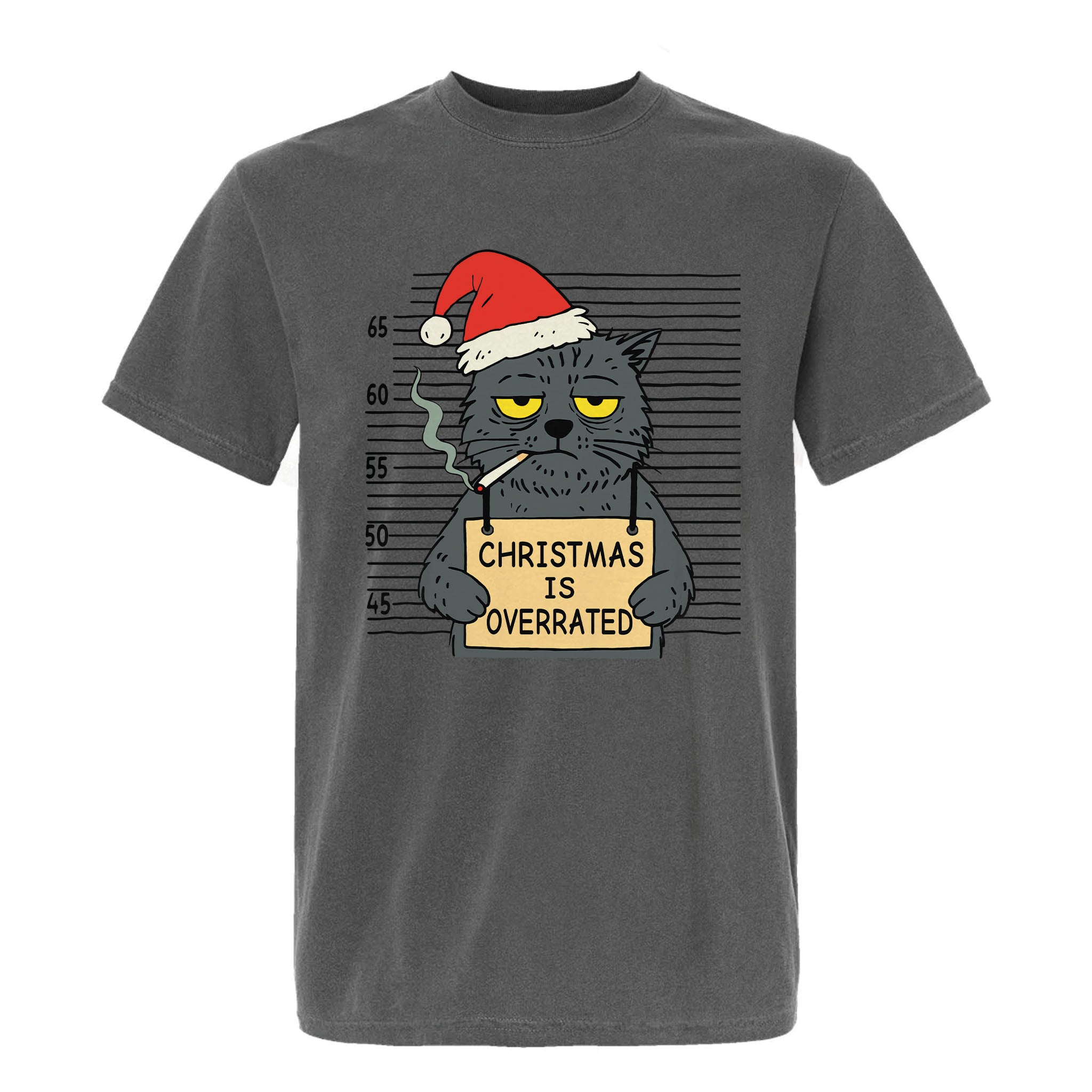 Gray Christmas t-shirt with a graphic of a cat in a Santa hat holding a sign saying 'Christmas is Overrated'
