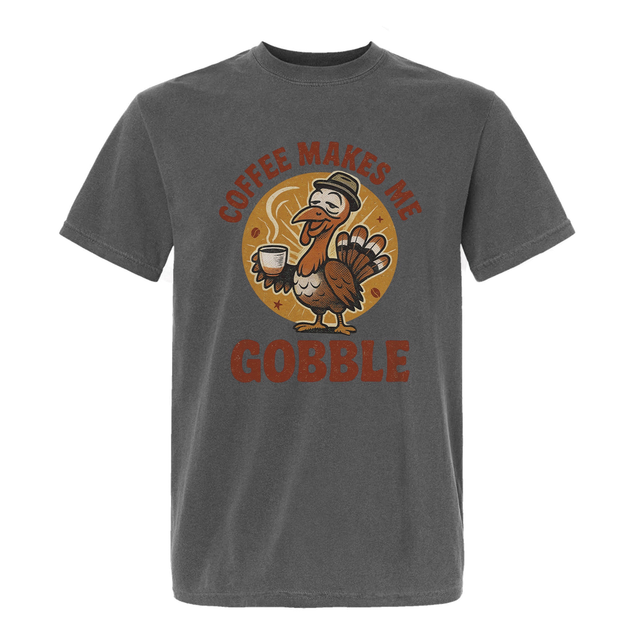 Gray Thanksgiving graphic t-shirt with a turkey graphic and text 'Coffee Makes Me Gobble'.