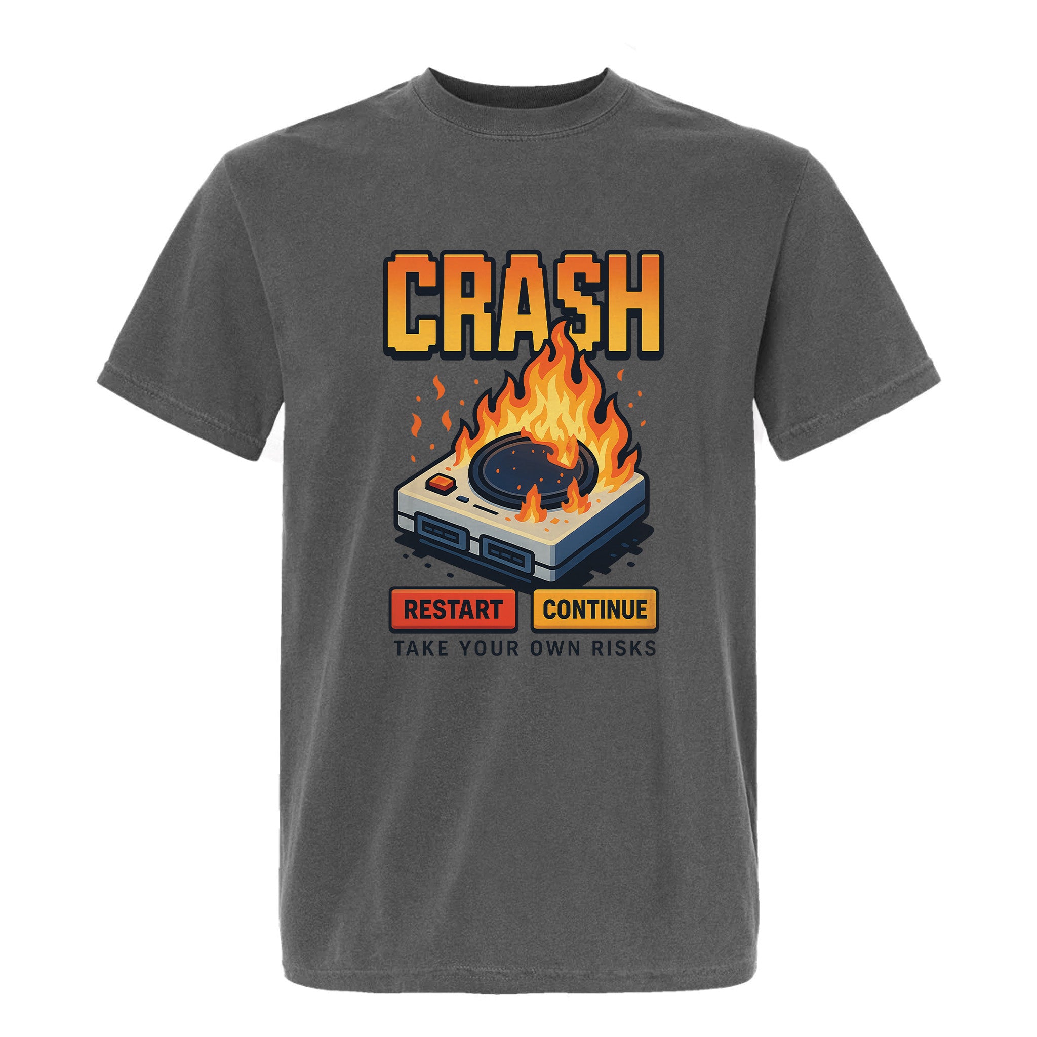 Gray funny graphic t-shirt with a flaming game console illustration and the text 'Crash Restart Continue Take Your Own Risks'.