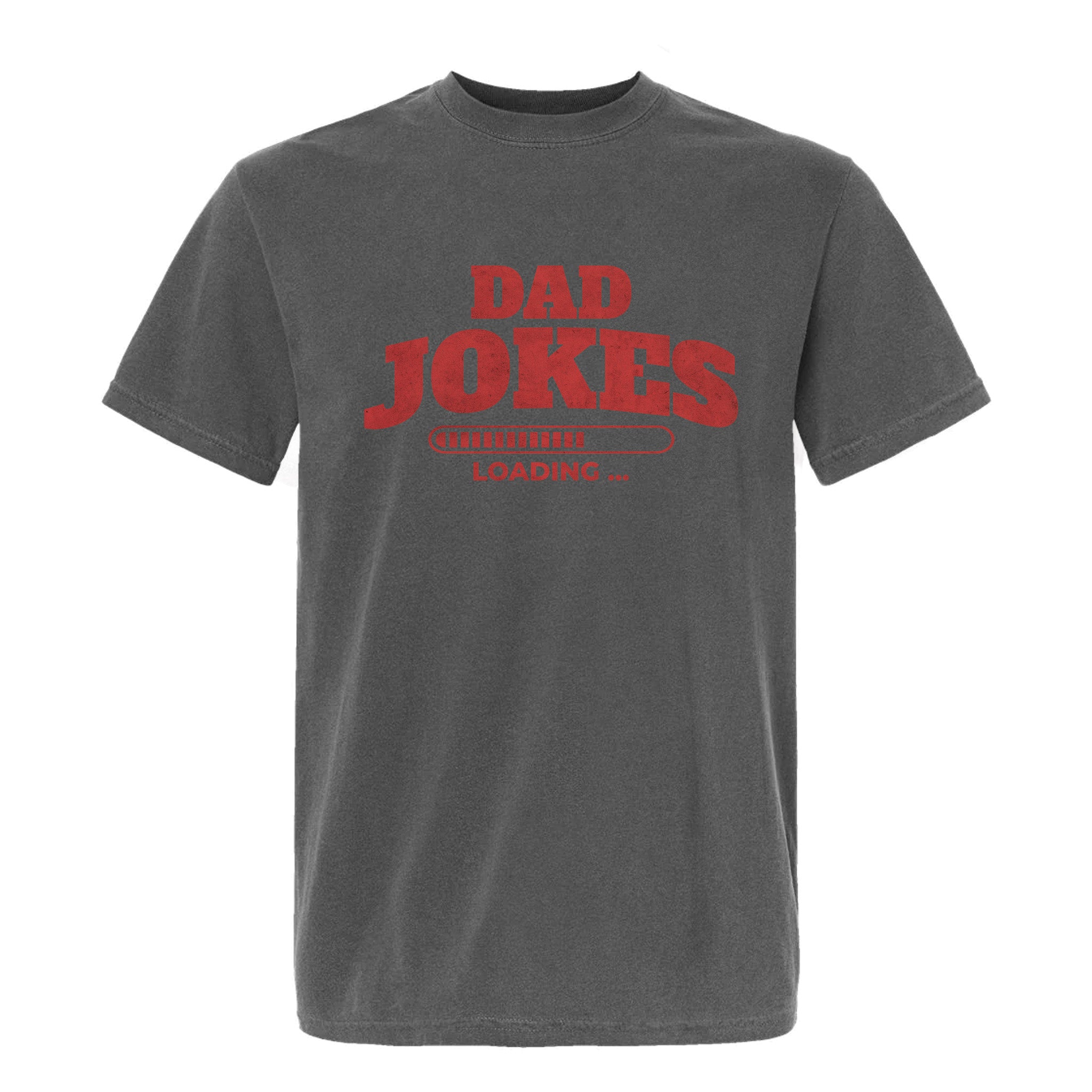 Gray funny graphic t-shirt with red 'Dad Jokes Loading' text
