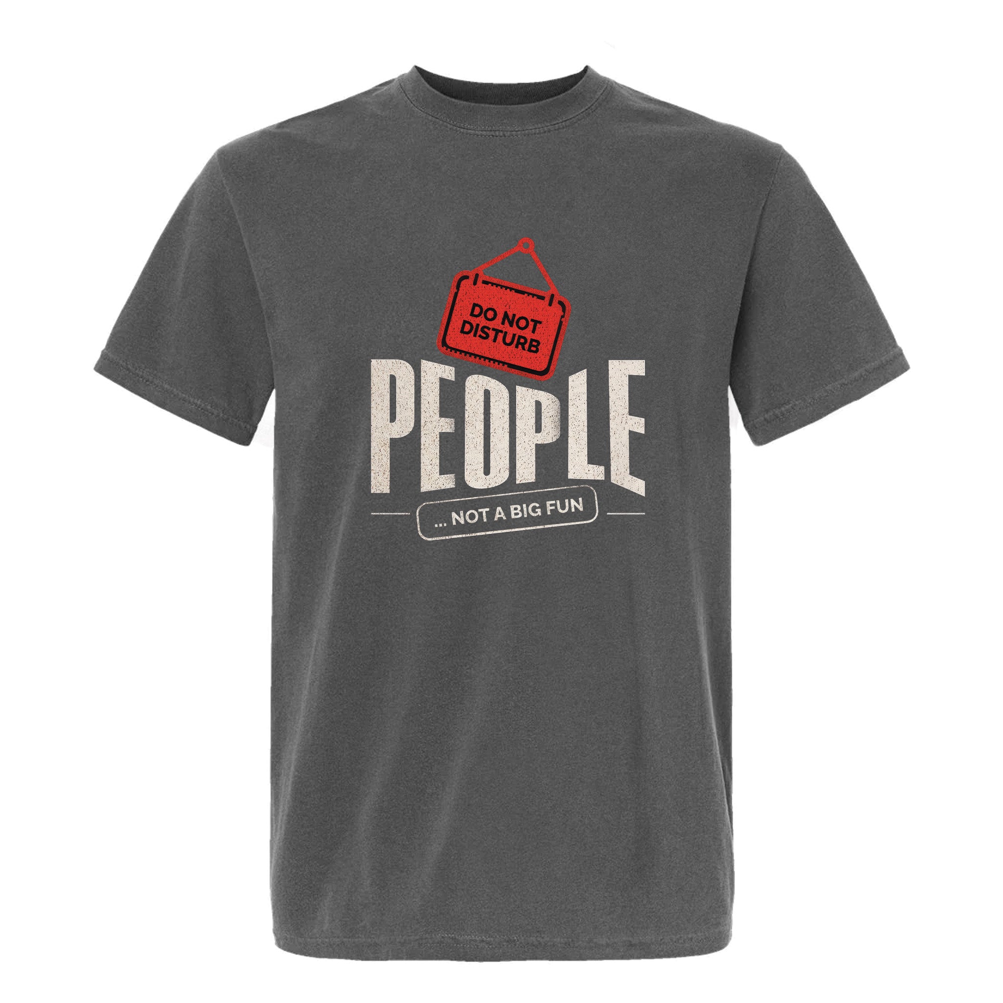 Grey funny graphic t-shirt showing a red “DO NOT DISTURB” sign and text: “PEOPLE... NOT A BIG FUN.”