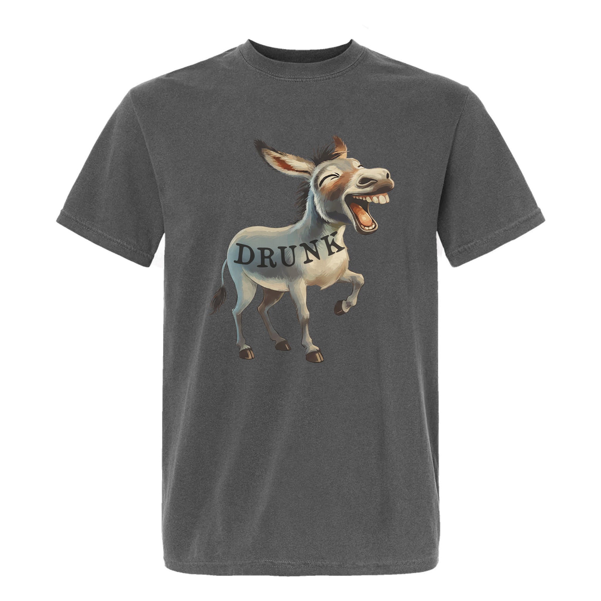 Gray funny graphic t-shirt with a cartoon donkey labeled 'DRUNK'