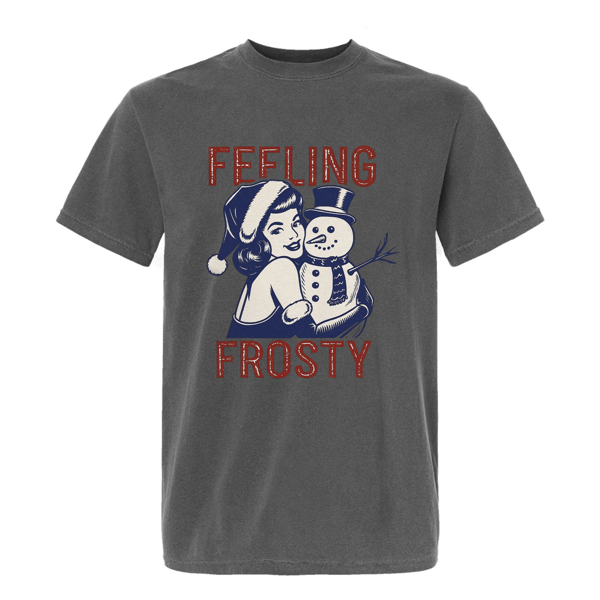 Gray Christmas graphic t-shirt with a graphic of a woman and snowman and text 'Feeling Frosty'.