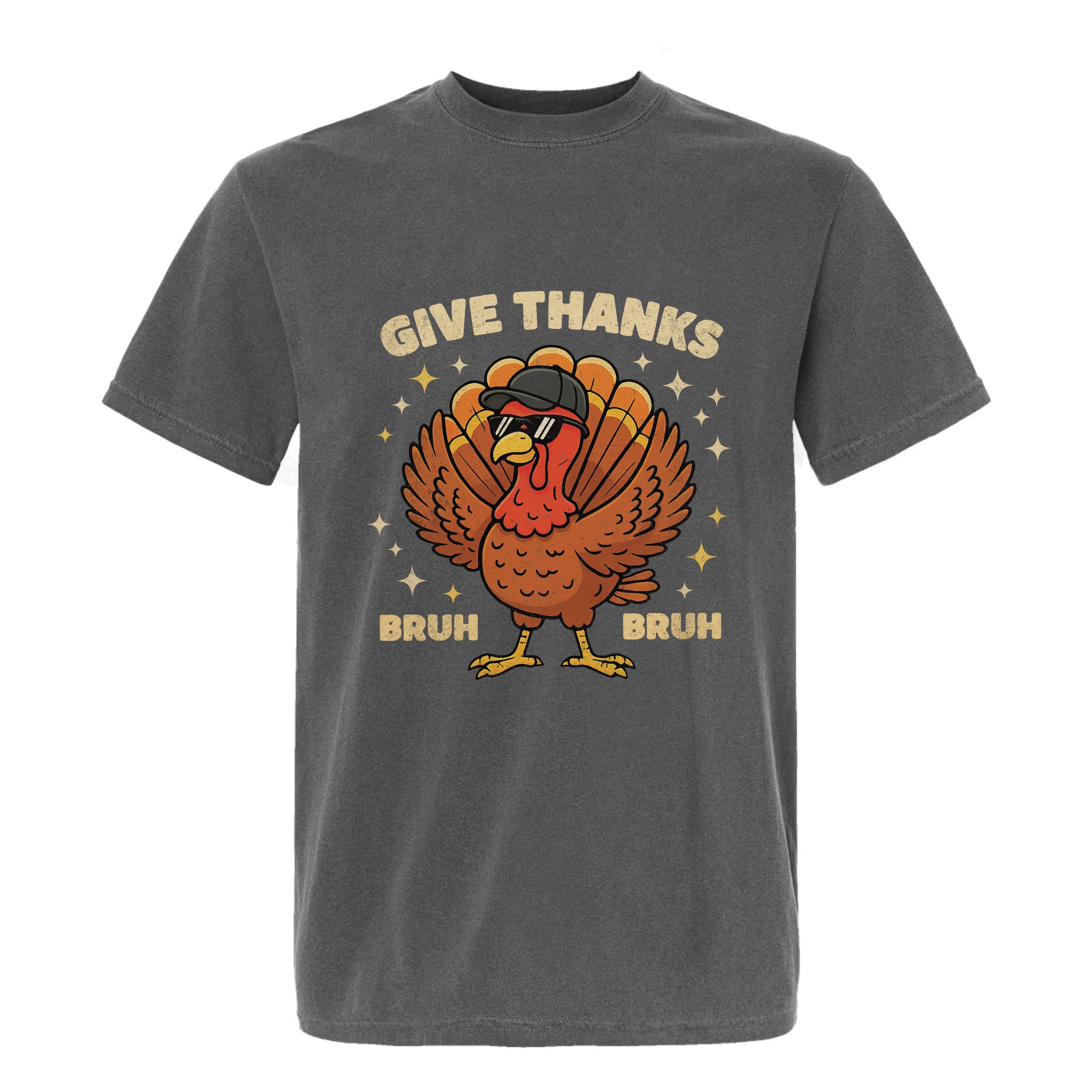 Gray Thanksgiving graphic t-shirt with a turkey graphic and text 'Give Thanks Bruh Bruh'.