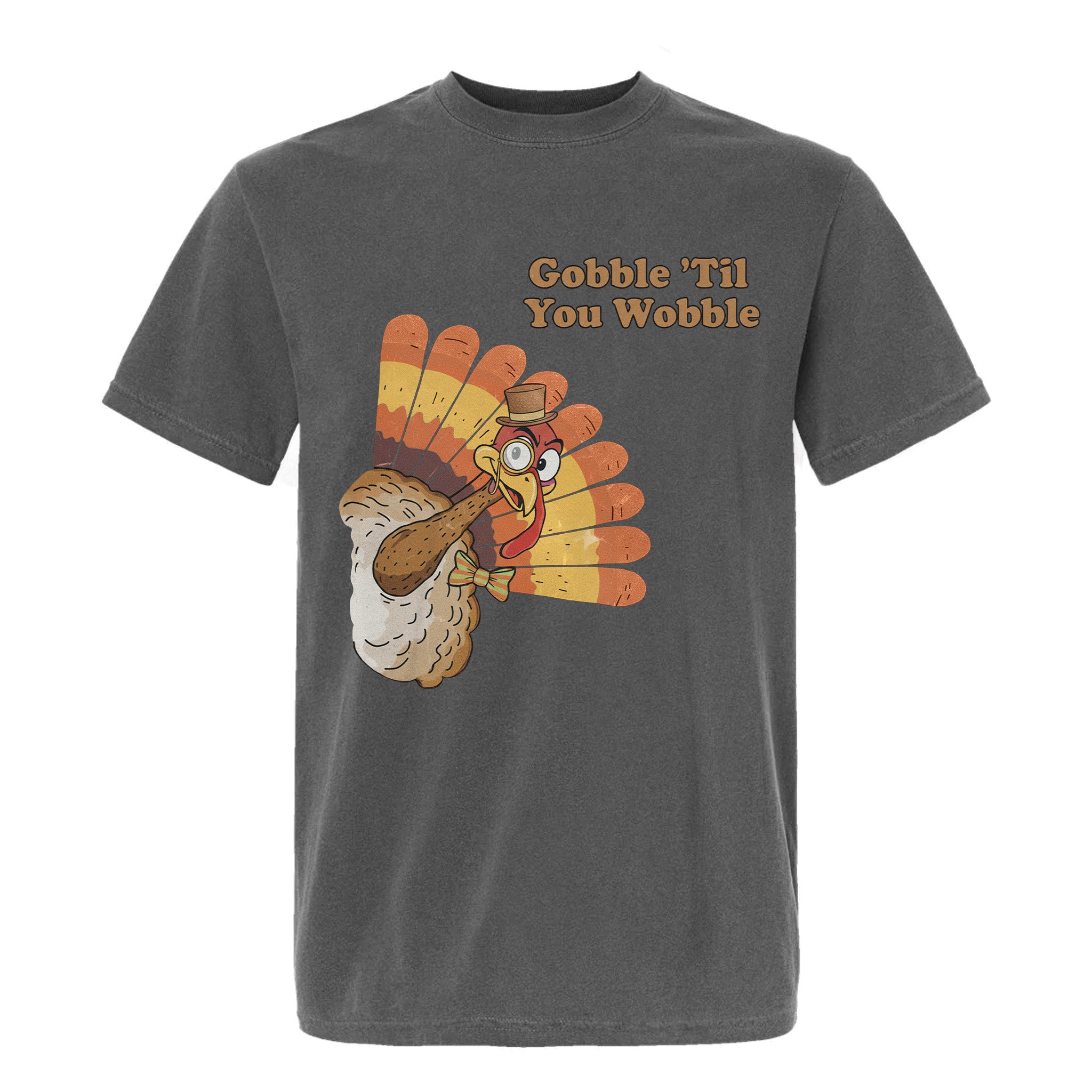 Gray Thanksgiving graphic t-shirt with a cartoon turkey graphic and text 'Gobble 'Til You Wobble'.