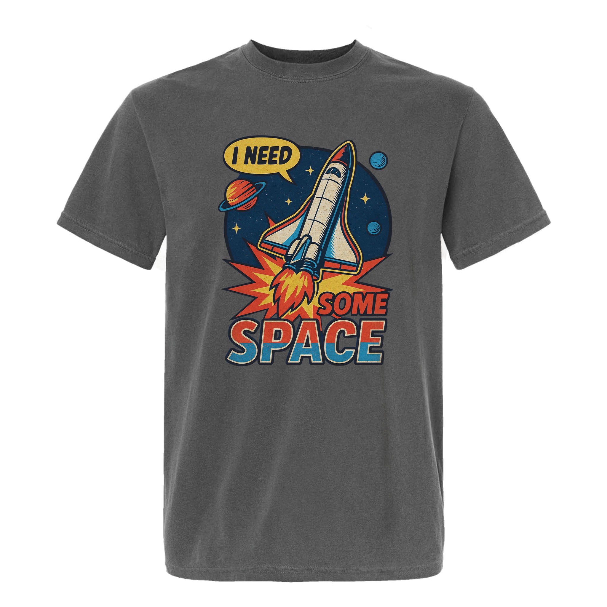 Gray funny graphic t-shirt with space-themed graphic and text 'I NEED SOME SPACE'
