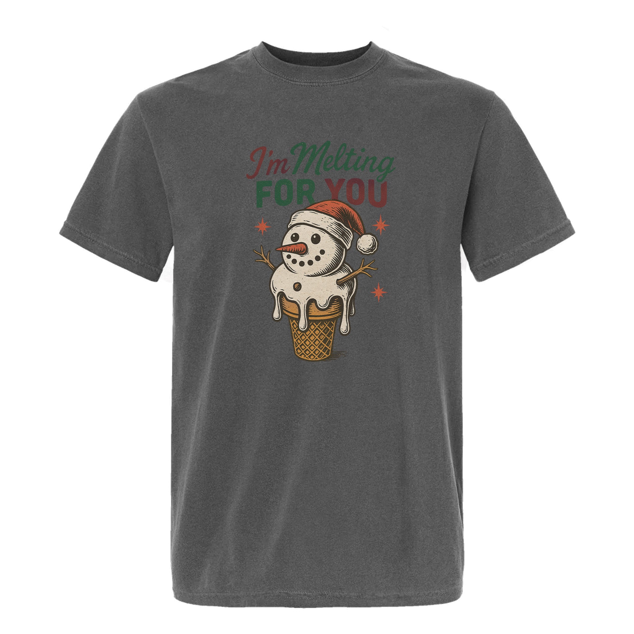 Gray Christmas graphic t-shirt with a snowman in an ice cream cone graphic and text "I'm Melting For You".
