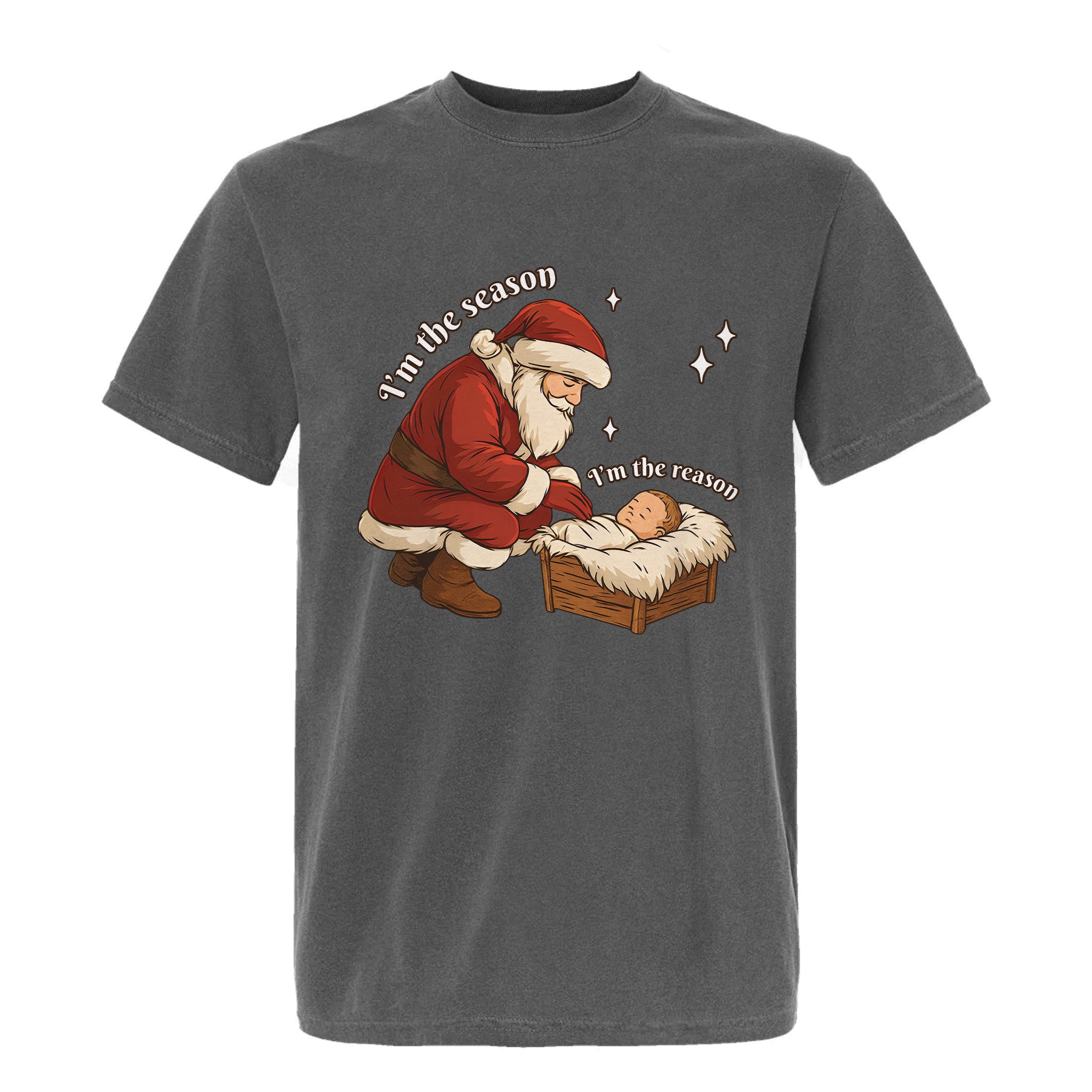 Gray Christmas graphic t-shirt with Santa, baby and text 'I'm The Season I'm The Reason'