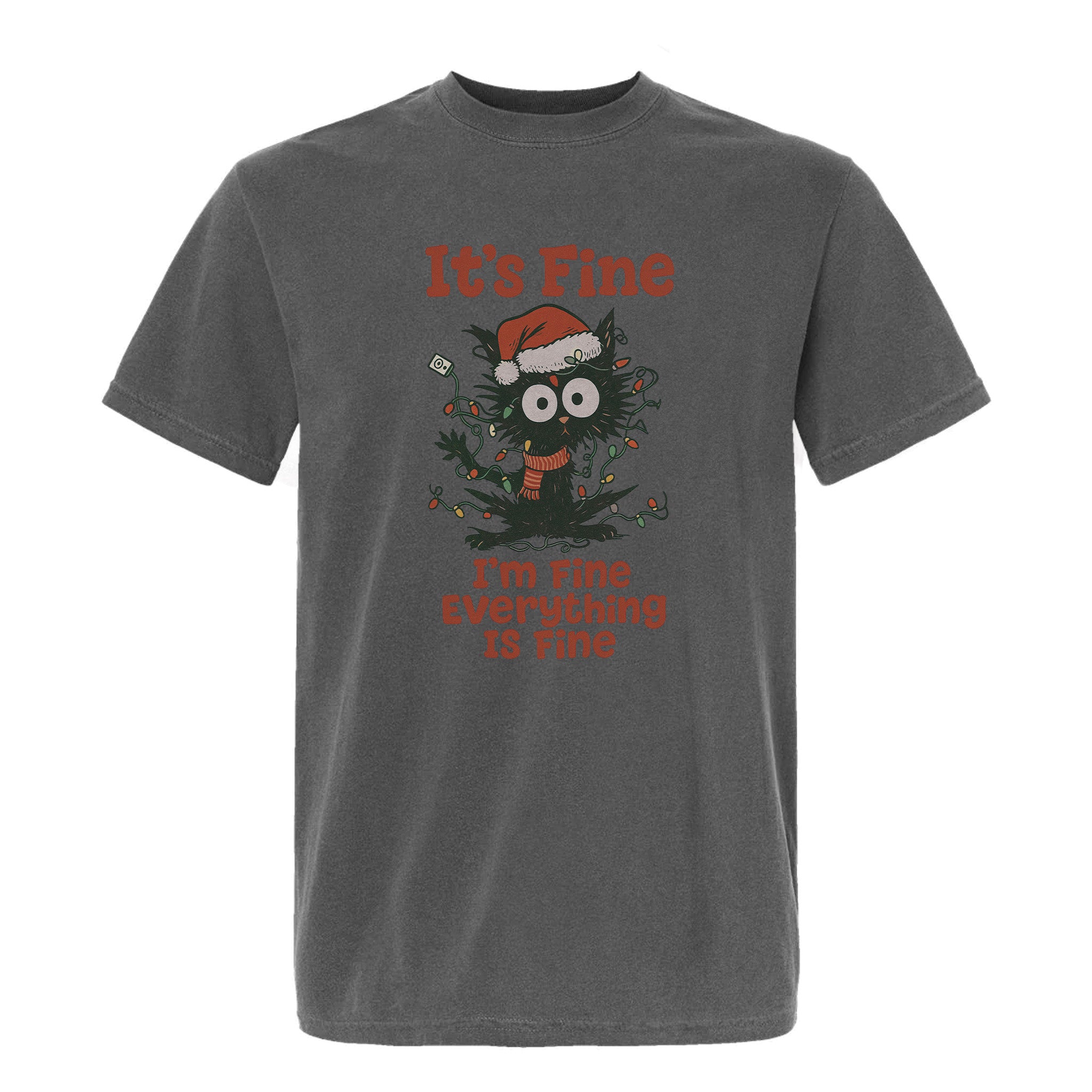 Gray Christmas graphic t-shirt with funny black cat wearing Santa hat and tangled lights, featuring the text 'It’s Fine I’m Fine Everything Is Fine'.