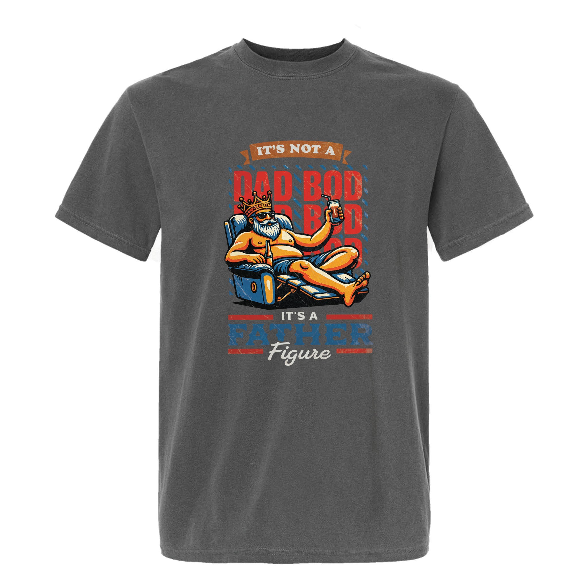 Gray funny graphic t-shirt featuring a bearded man relaxing in a blue armchair with the text "IT'S NOT A DAD BOD IT'S A FATHER FIGURE."