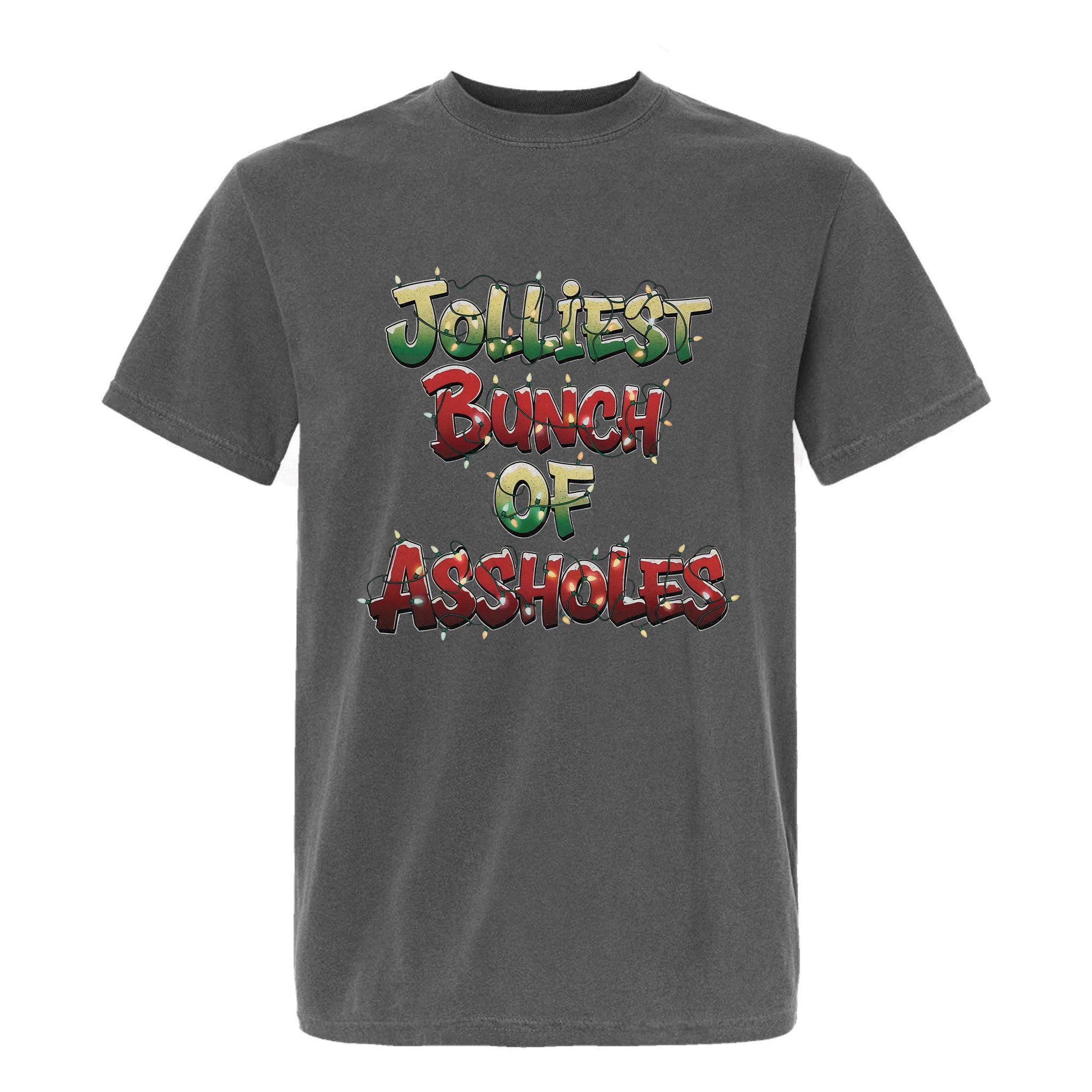 Gray Christmas graphic t-shirt with the text 'Jolliest Bunch of Assholes' in festive holiday lights design.