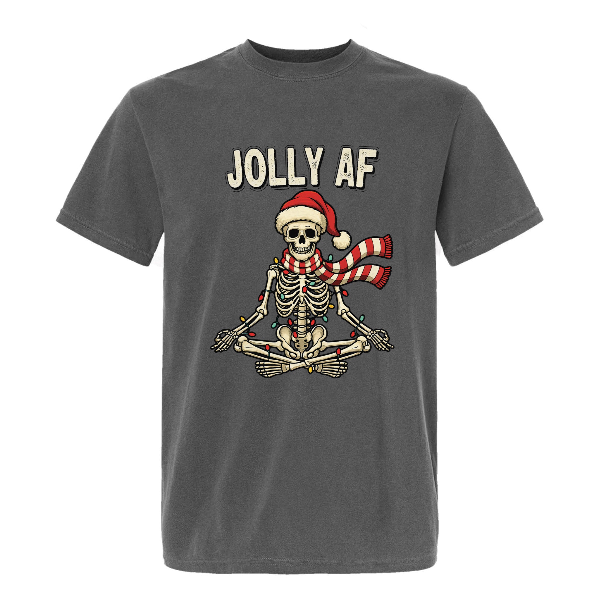 Gray Christmas graphic t-shirt with a skeleton wearing a Santa hat and scarf, and text ‘Jolly AF’.