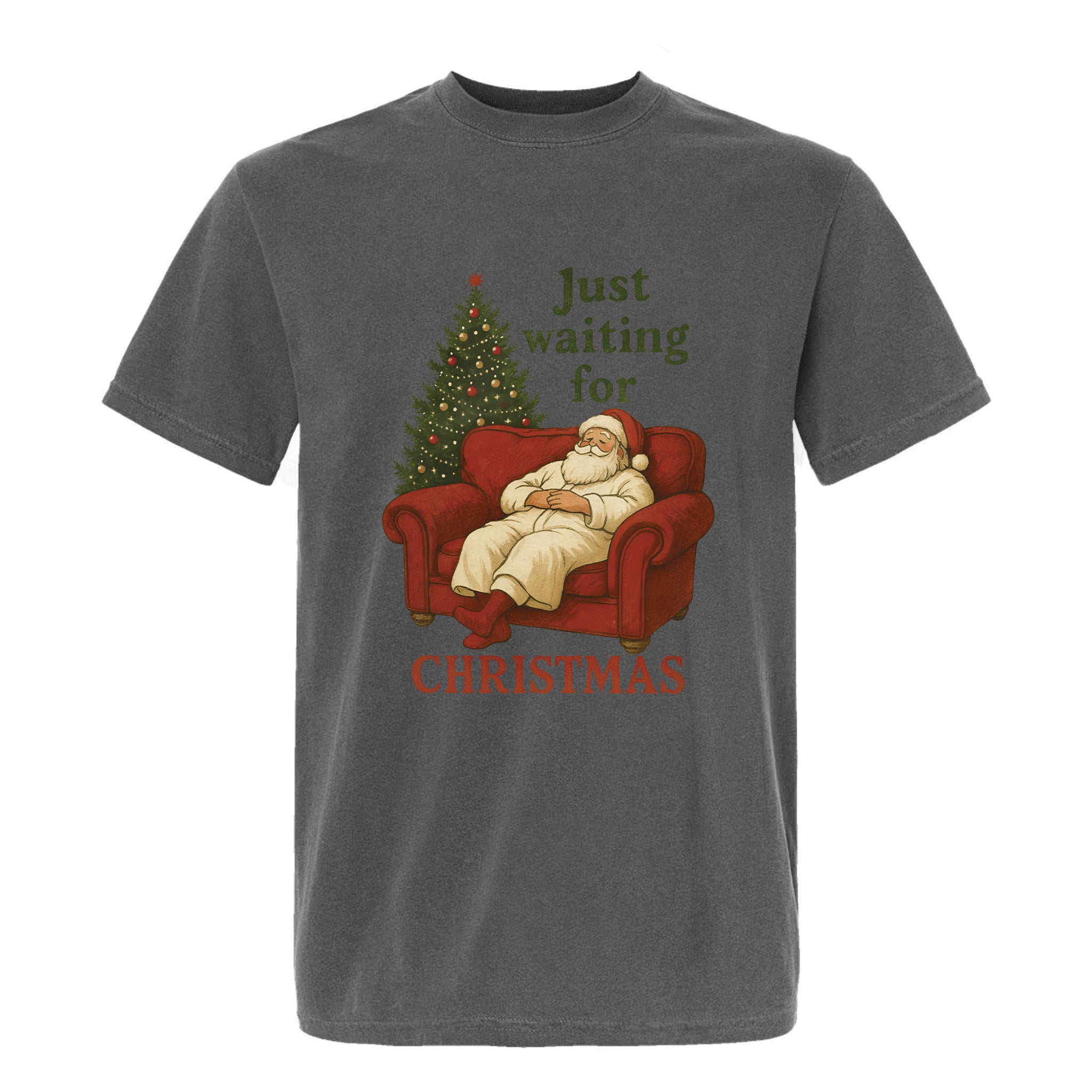 Gray Christmas graphic t-shirt with text 'Just Waiting For Christmas'