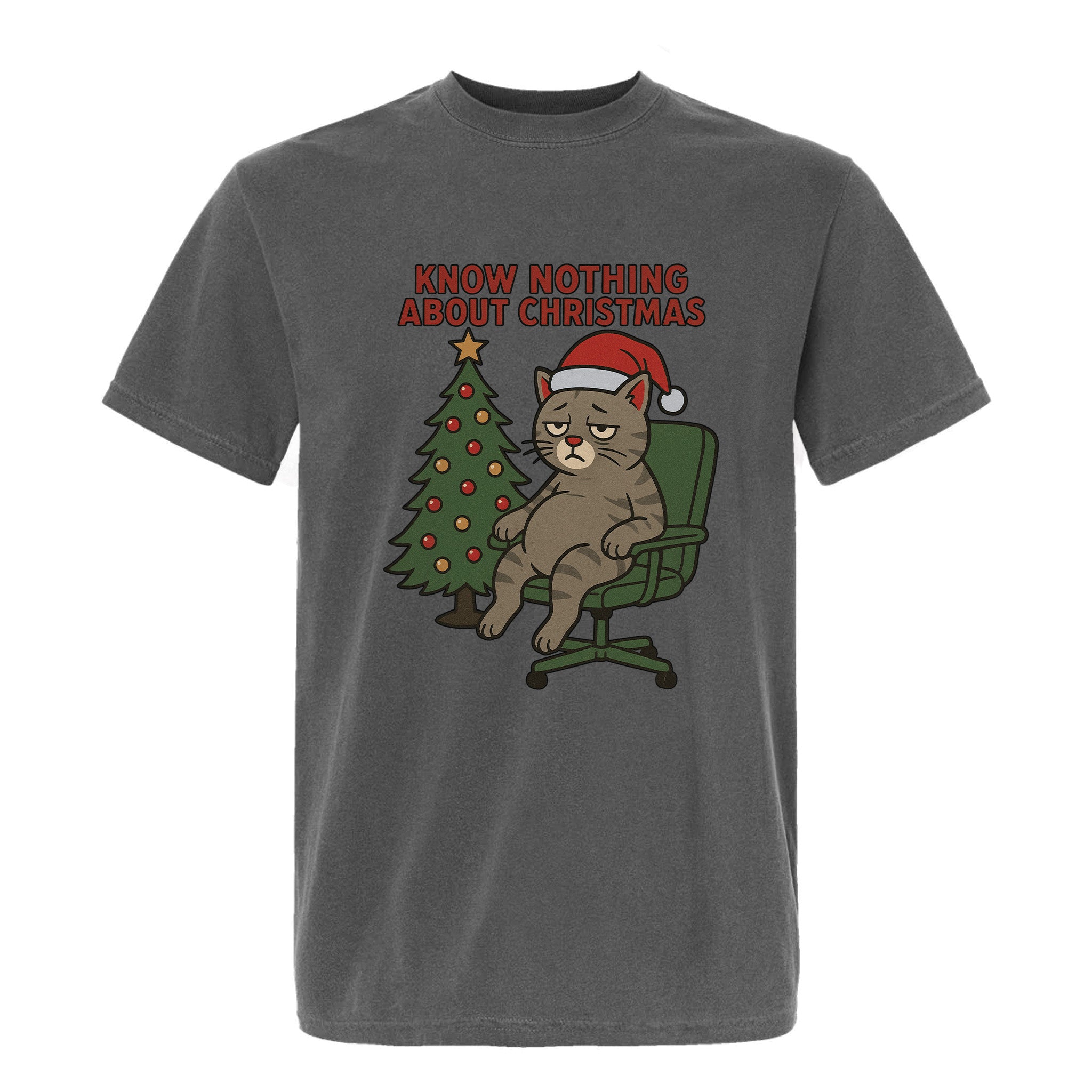 Gray Christmas graphic t-shirt with a cat wearing a Santa hat and text 'Know Nothing About Christmas'.