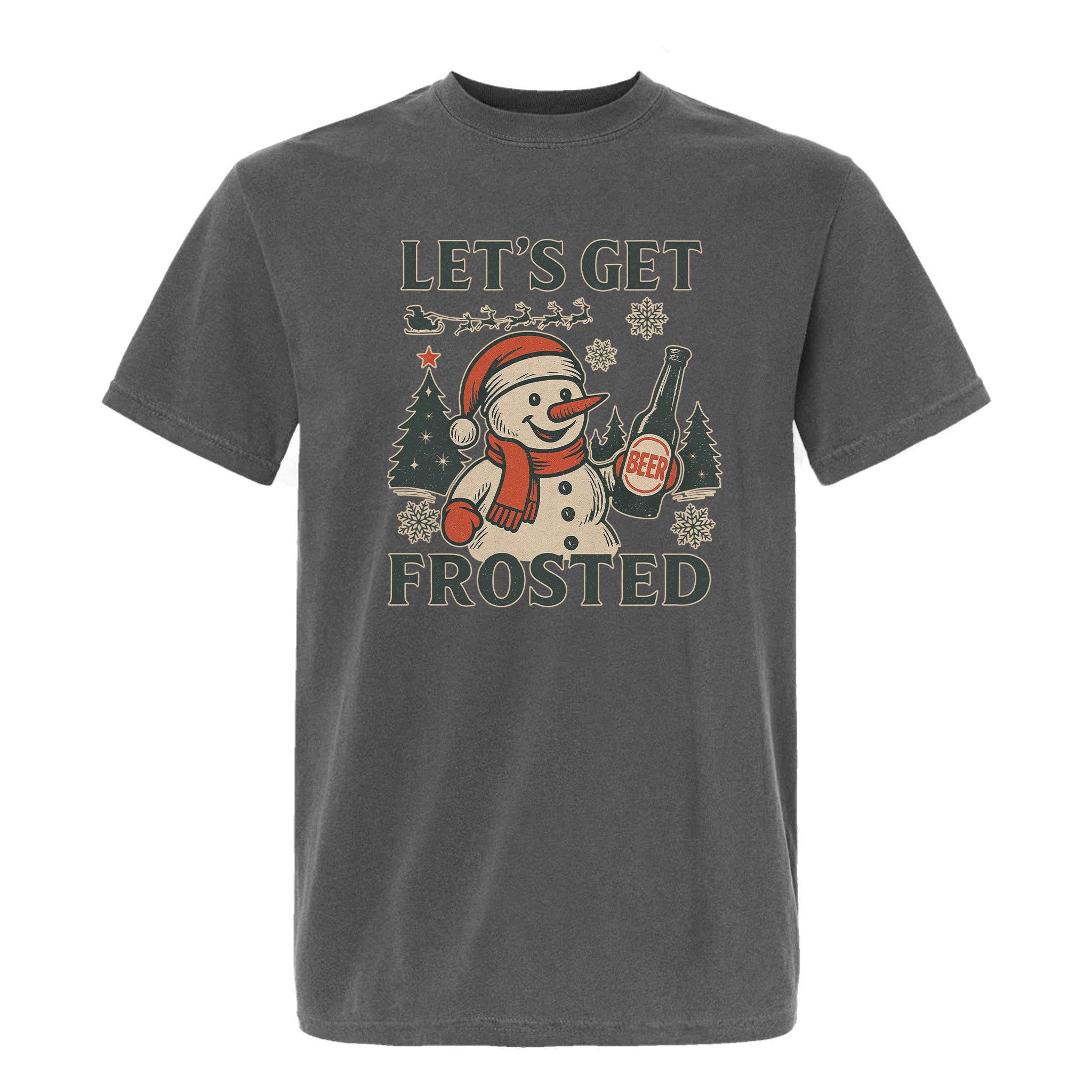 Gray Christmas graphic t-shirt with text 'Let's Get Frosted'