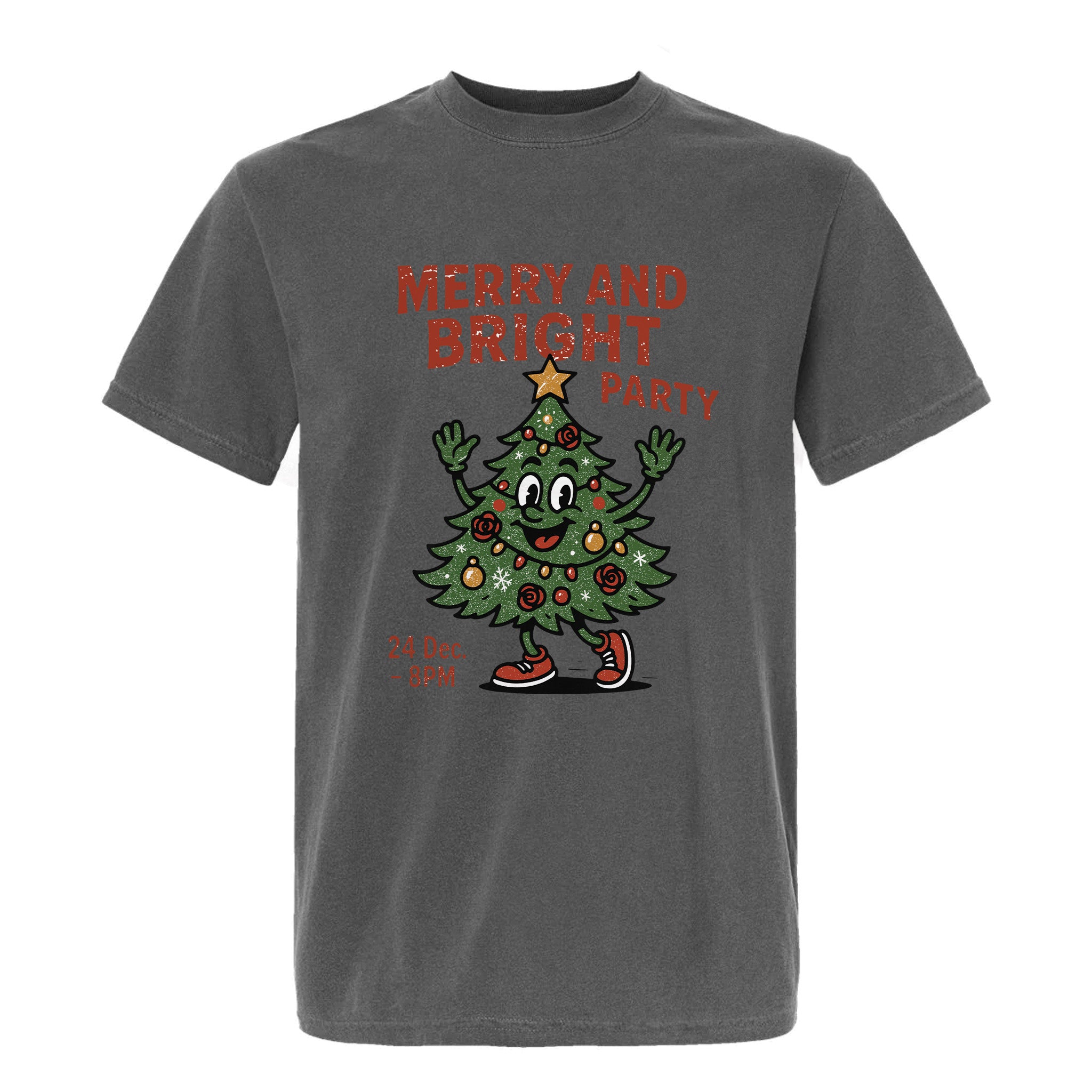 Gray Christmas t-shirt with a Christmas tree design and text 'Merry And Bright Party'