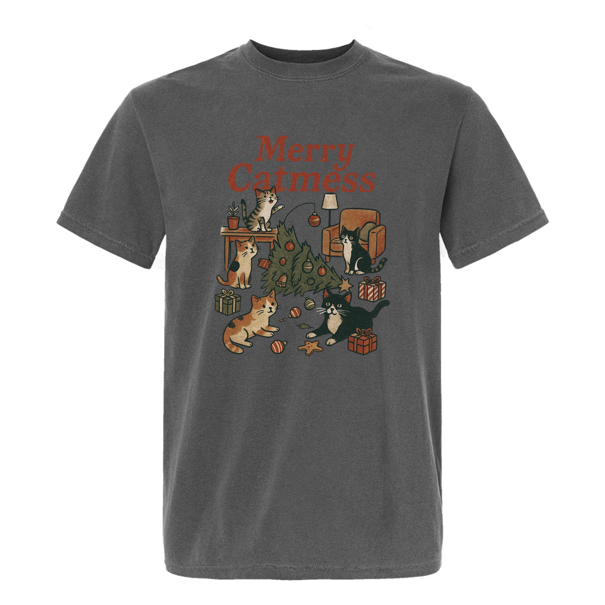 Gray Christmas graphic t-shirt with text 'Merry Catmess' featuring cats around a Christmas tree.