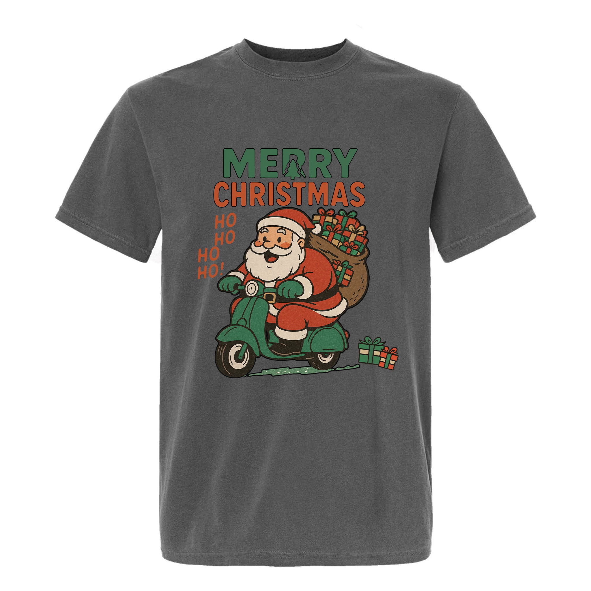 Grey Christmas graphic t-shirt with fun Santa riding green motorbike, text: "MERRY CHRISTMAS HO HO HO HO!"
