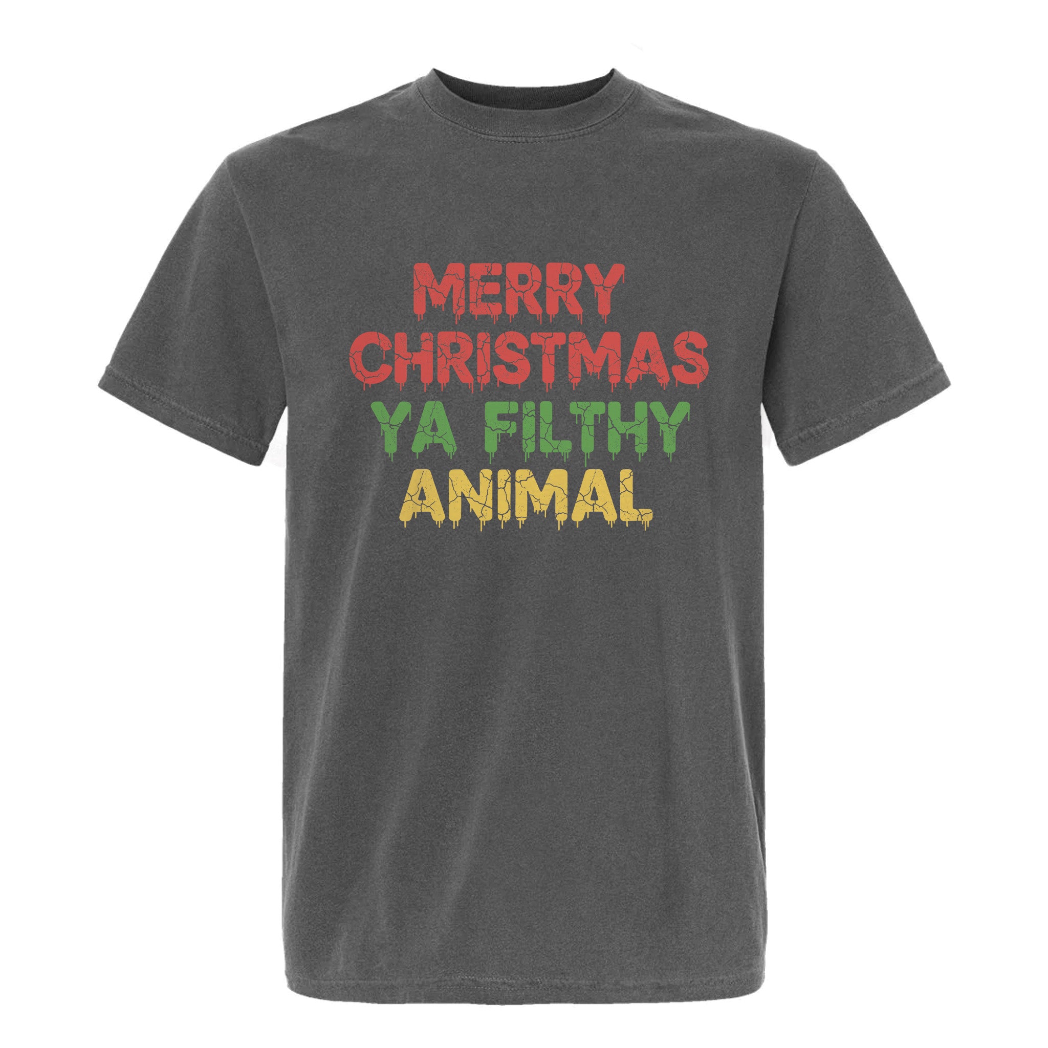 Gray Christmas graphic t-shirt with text 'Merry Christmas Ya Filthy Animal'